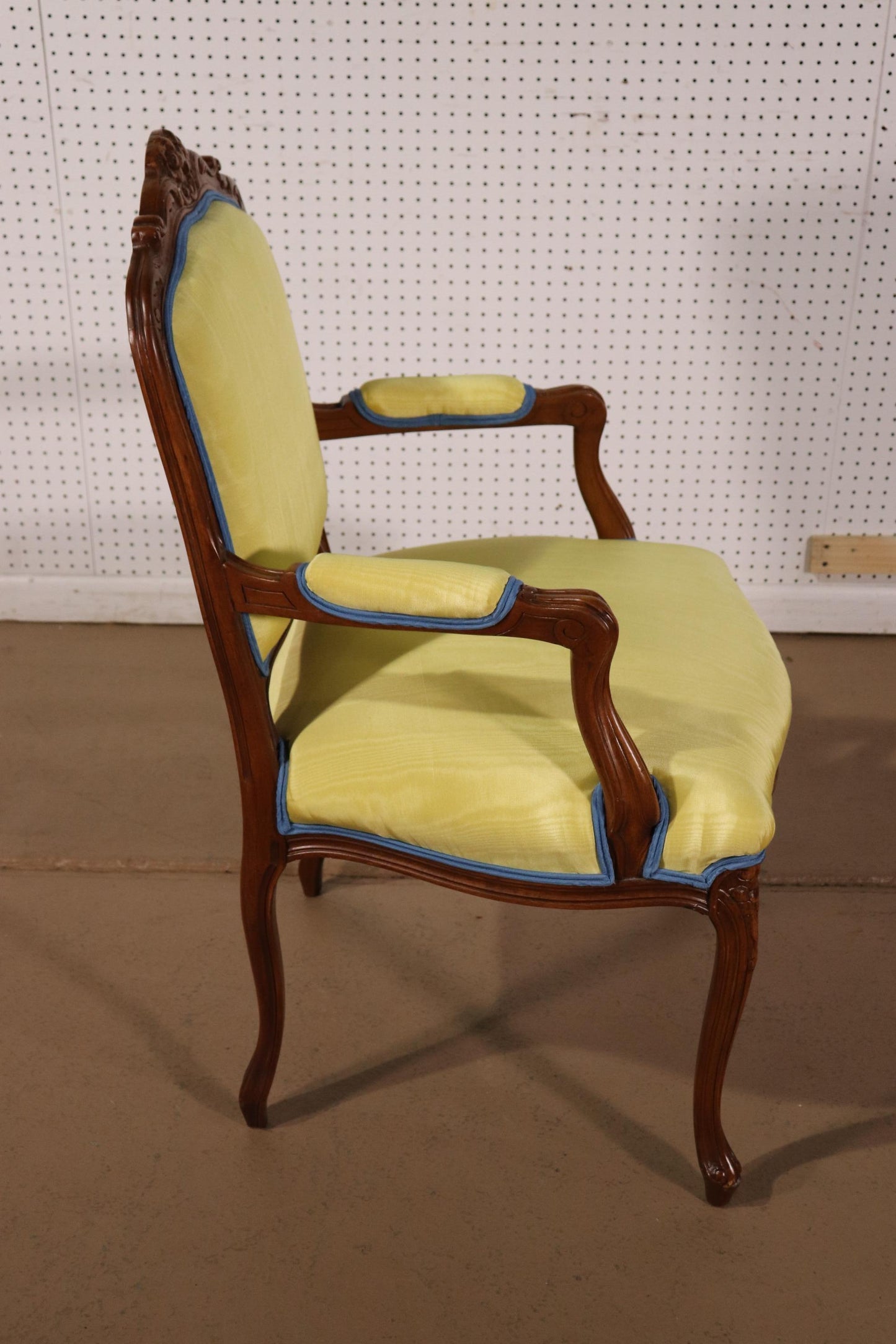 Yellow Moire Fabric Upholstered French Louis XV Style Armchair Fauteuil