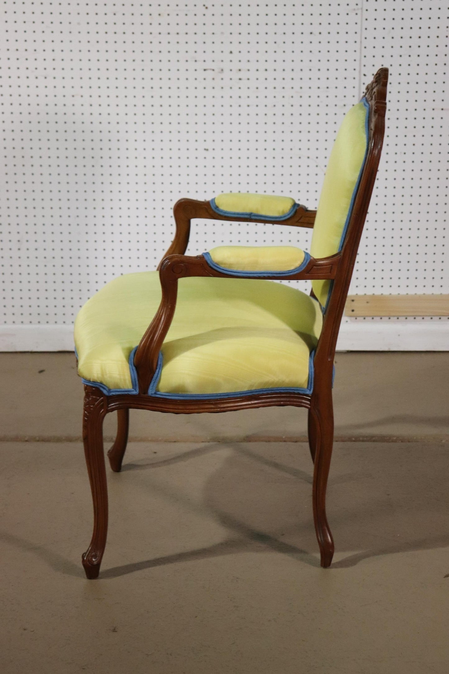 Yellow Moire Fabric Upholstered French Louis XV Style Armchair Fauteuil