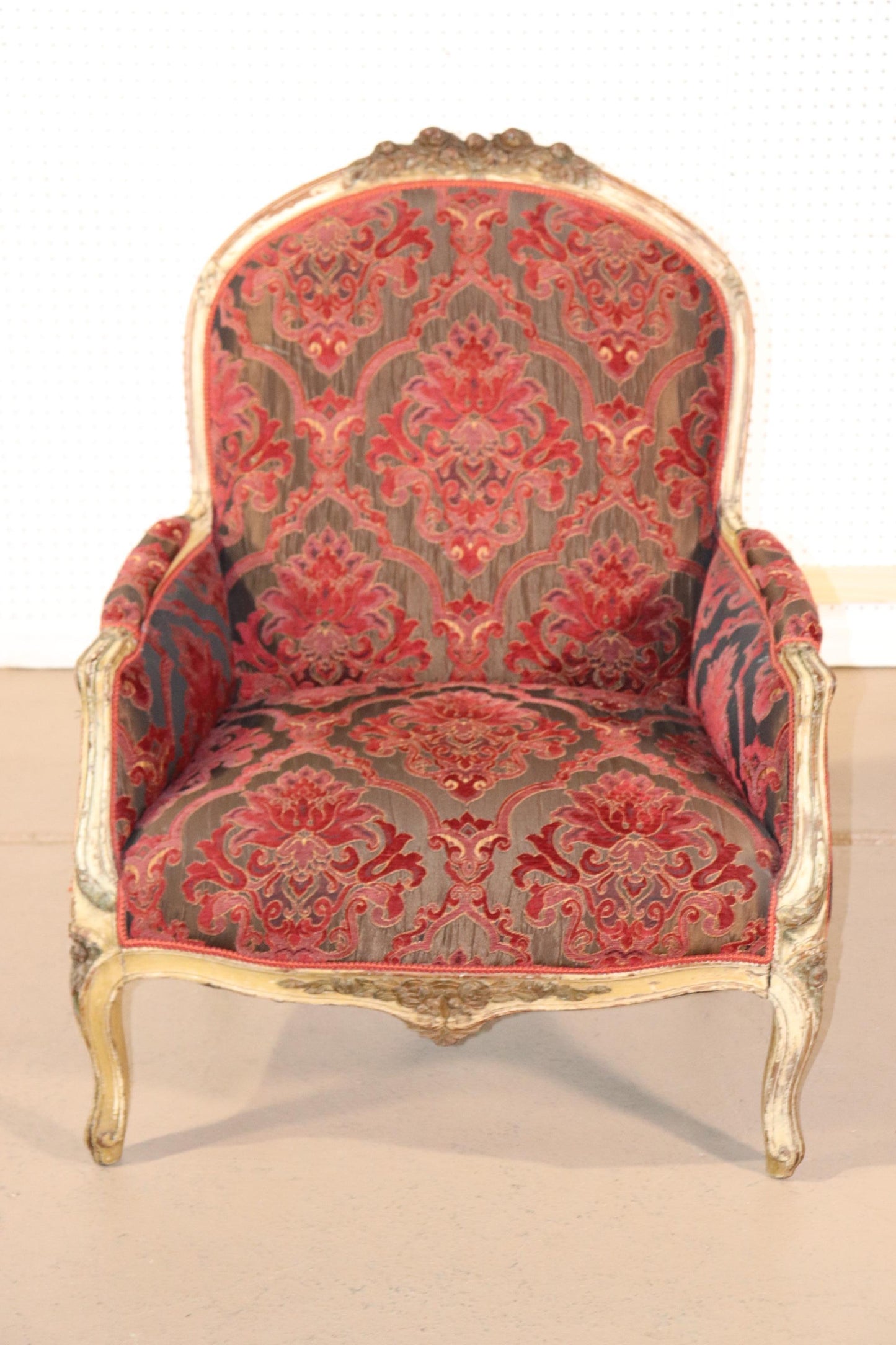 Fine Carved French Louis XV Paint Decorated Louis XV Bergere Chair Circa 1920