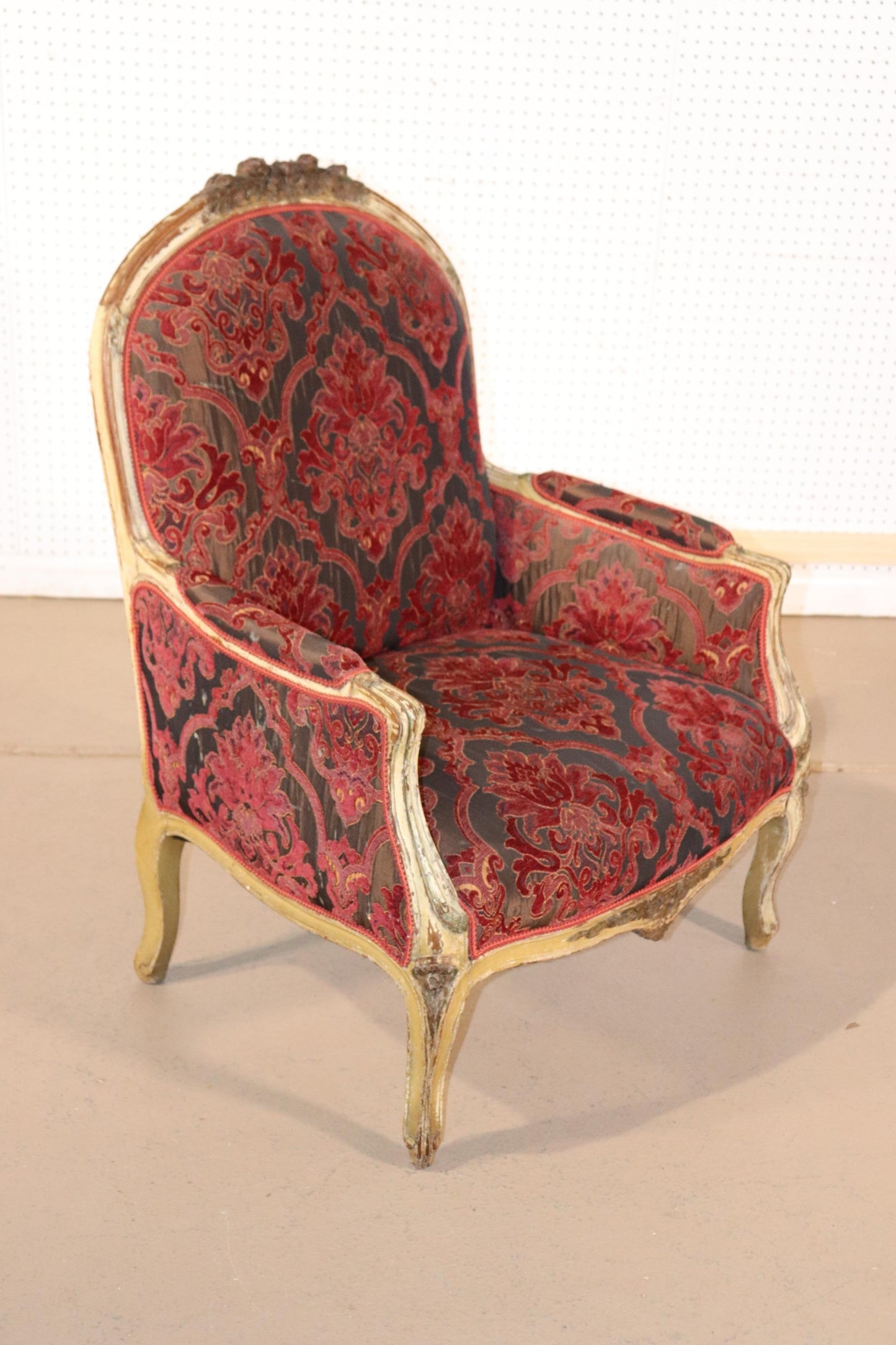 Fine Carved French Louis XV Paint Decorated Louis XV Bergere Chair Circa 1920