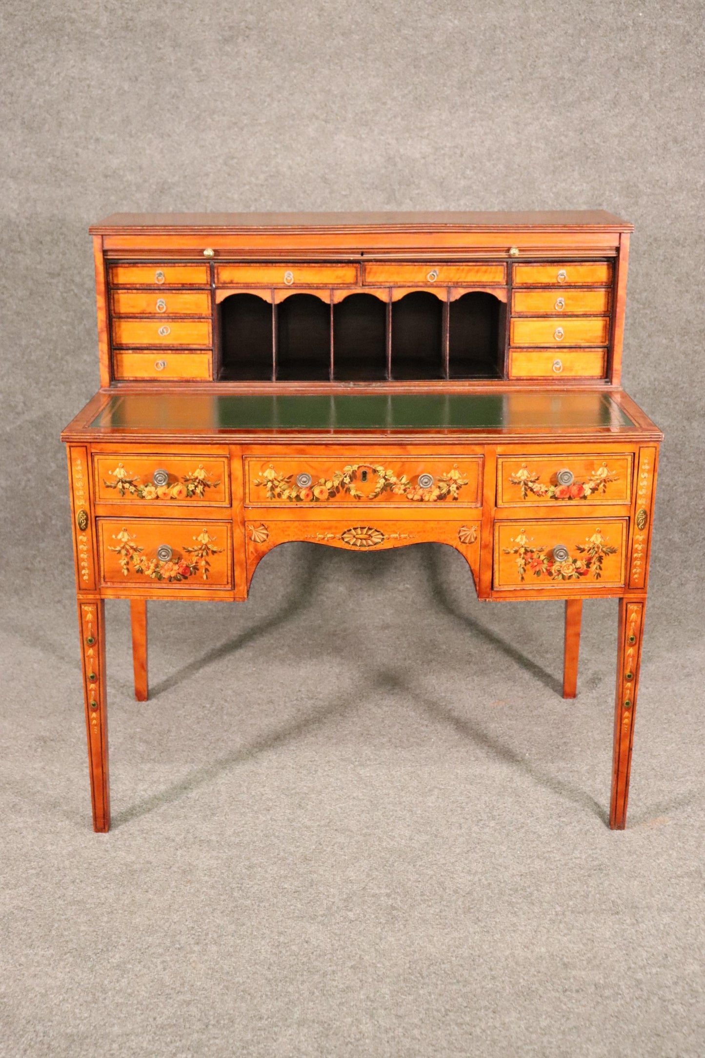 Paint Decorated Satinwood English Adams Writing Desk with Leather Top, C1910