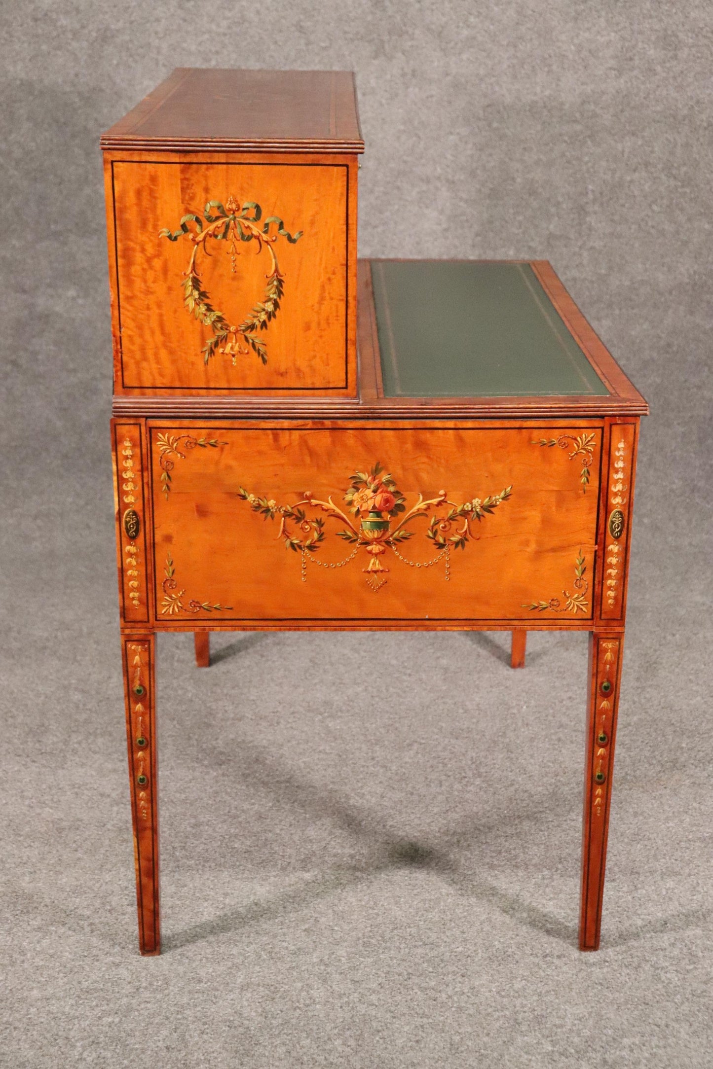 Paint Decorated Satinwood English Adams Writing Desk with Leather Top, C1910