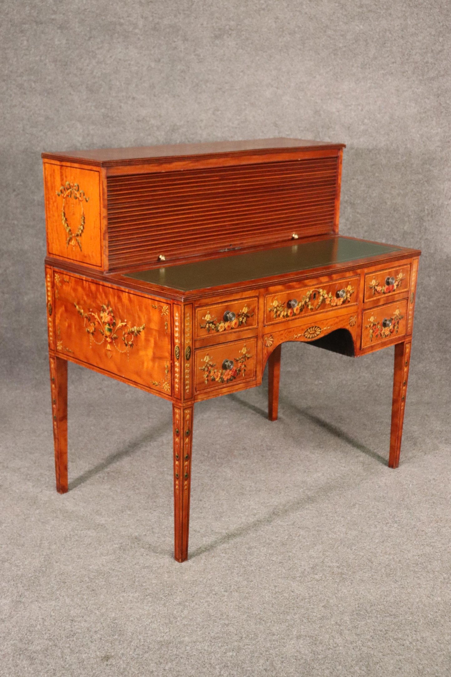 Paint Decorated Satinwood English Adams Writing Desk with Leather Top, C1910