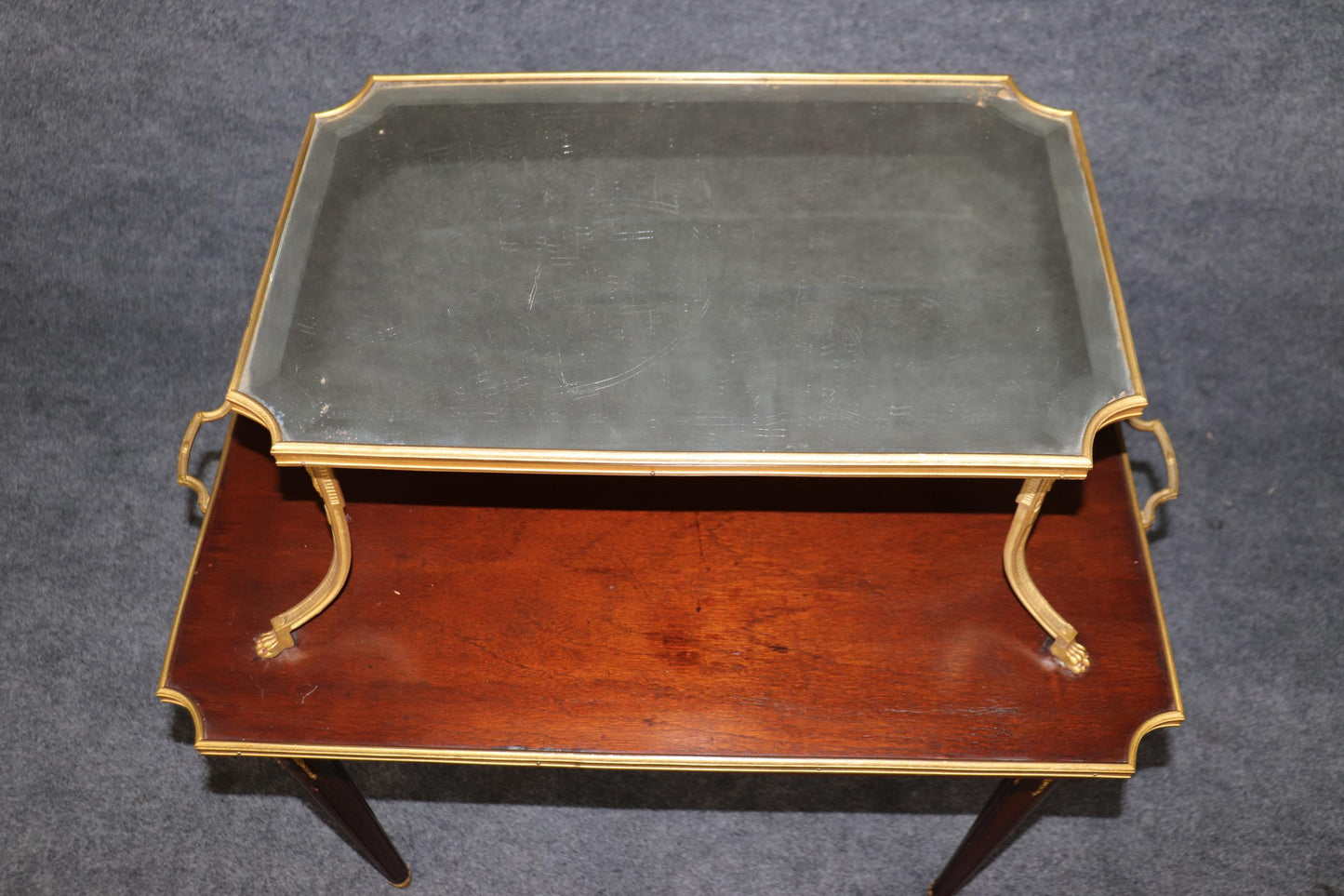 Fine Quality French Dore' Bronze and Mahogany Directoire Dessert Tray Top Table