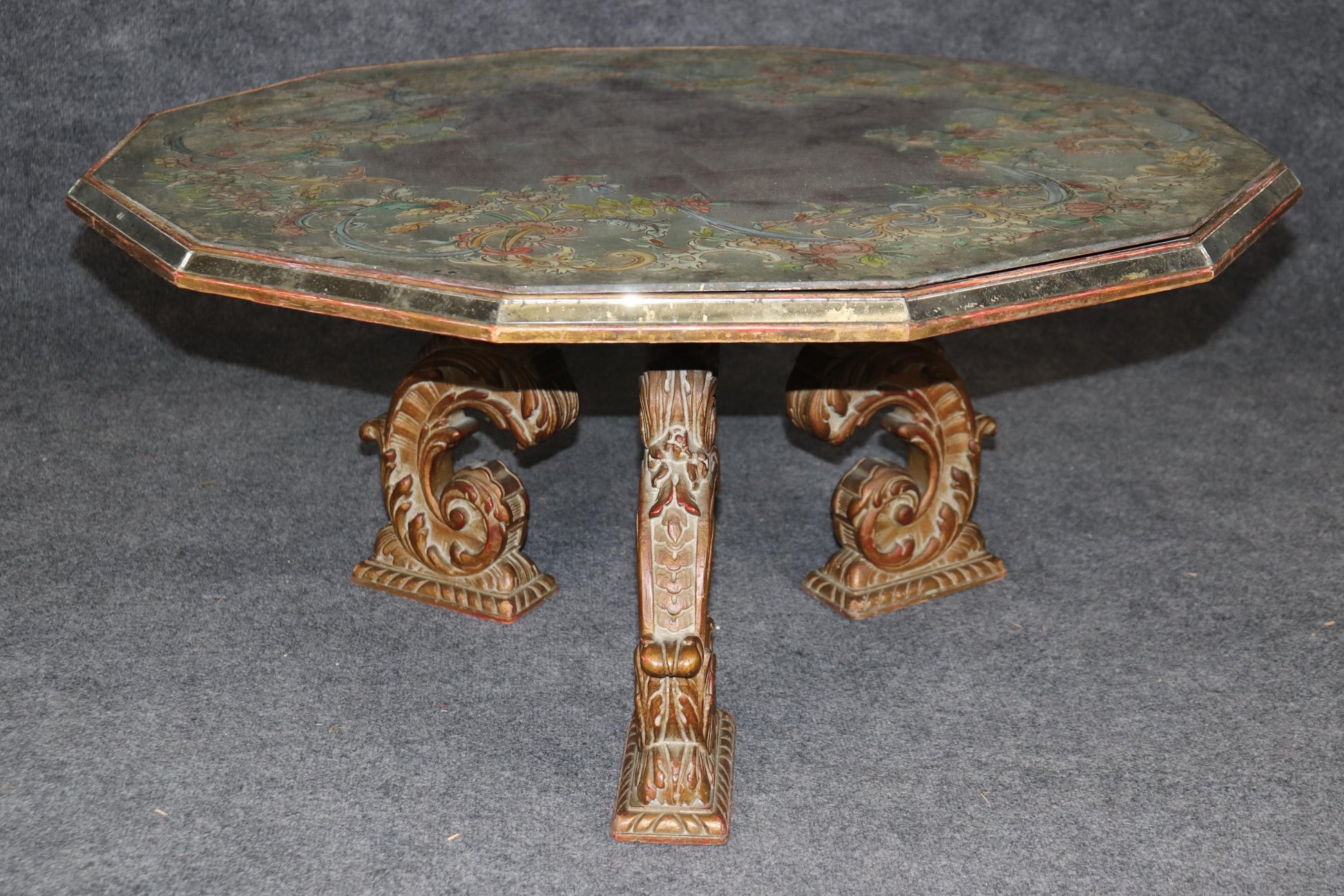 Rare Dodecagon 12 Sided Eglomise Italian Floral Painted Mirrored Coffee Table