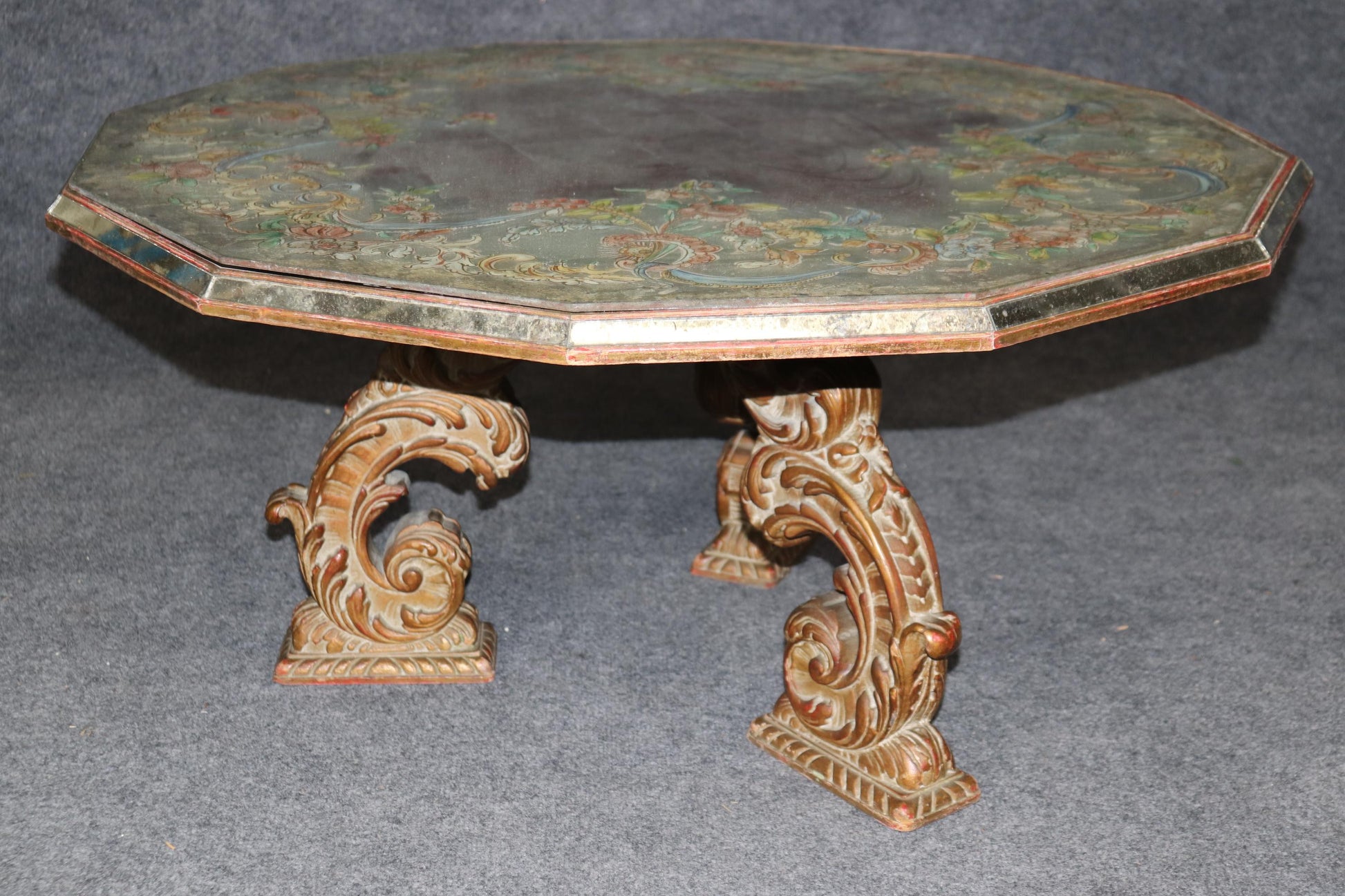 Rare Dodecagon 12 Sided Eglomise Italian Floral Painted Mirrored Coffee Table