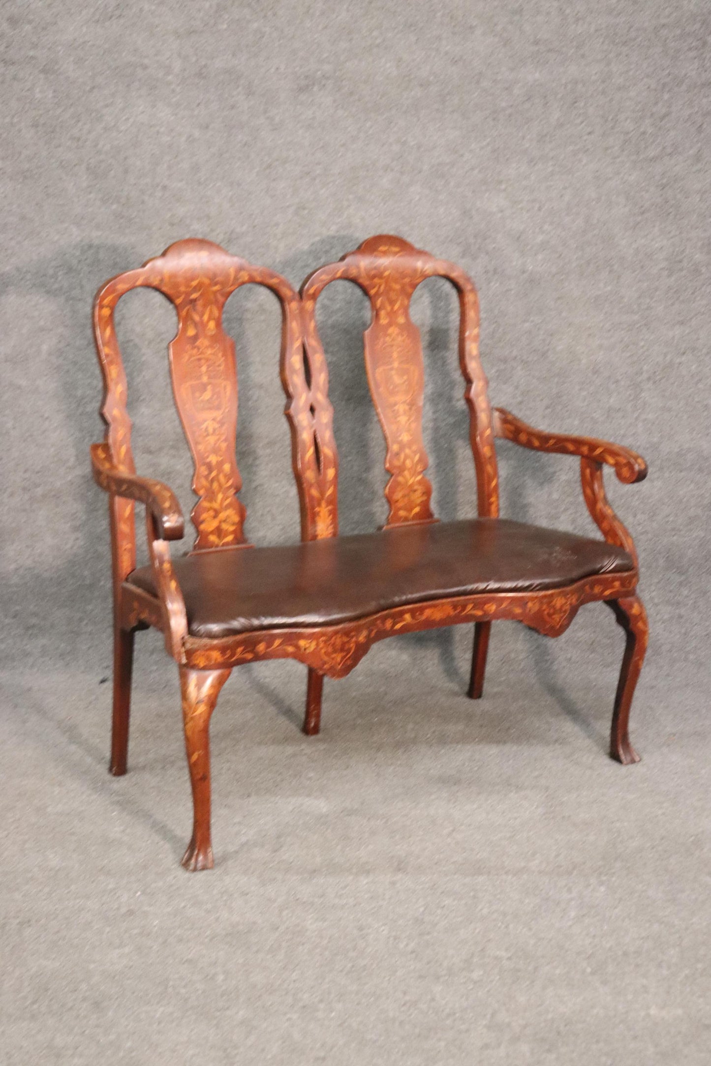 Leather Upholstered Dutch Marquetry Inlaid Window Bench Circa 1900