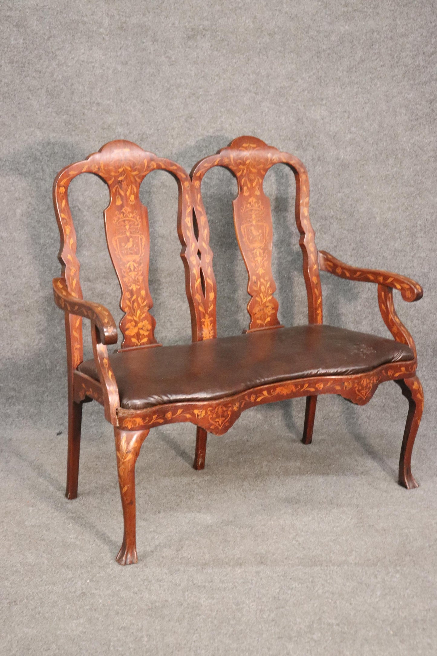 Leather Upholstered Dutch Marquetry Inlaid Window Bench Circa 1900