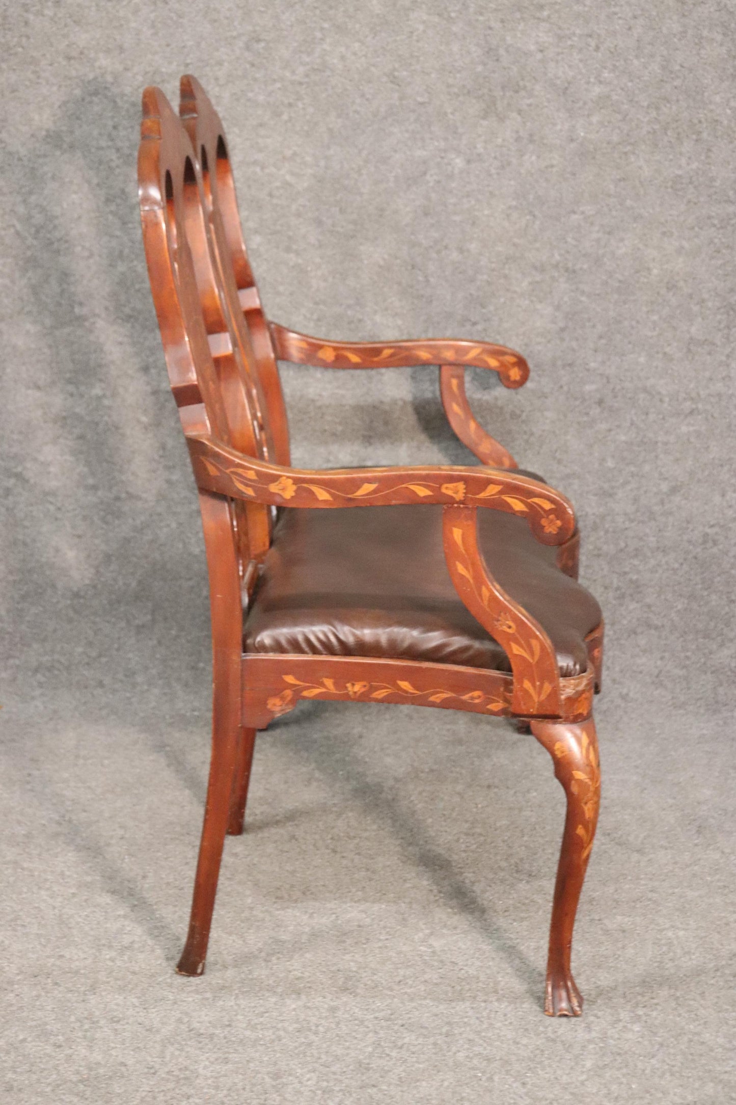 Leather Upholstered Dutch Marquetry Inlaid Window Bench Circa 1900