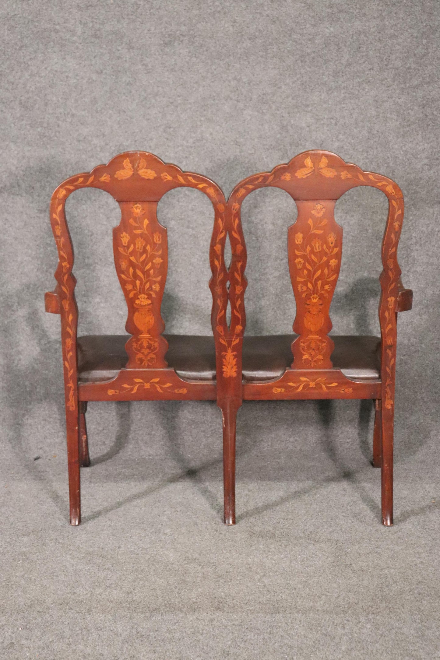 Leather Upholstered Dutch Marquetry Inlaid Window Bench Circa 1900