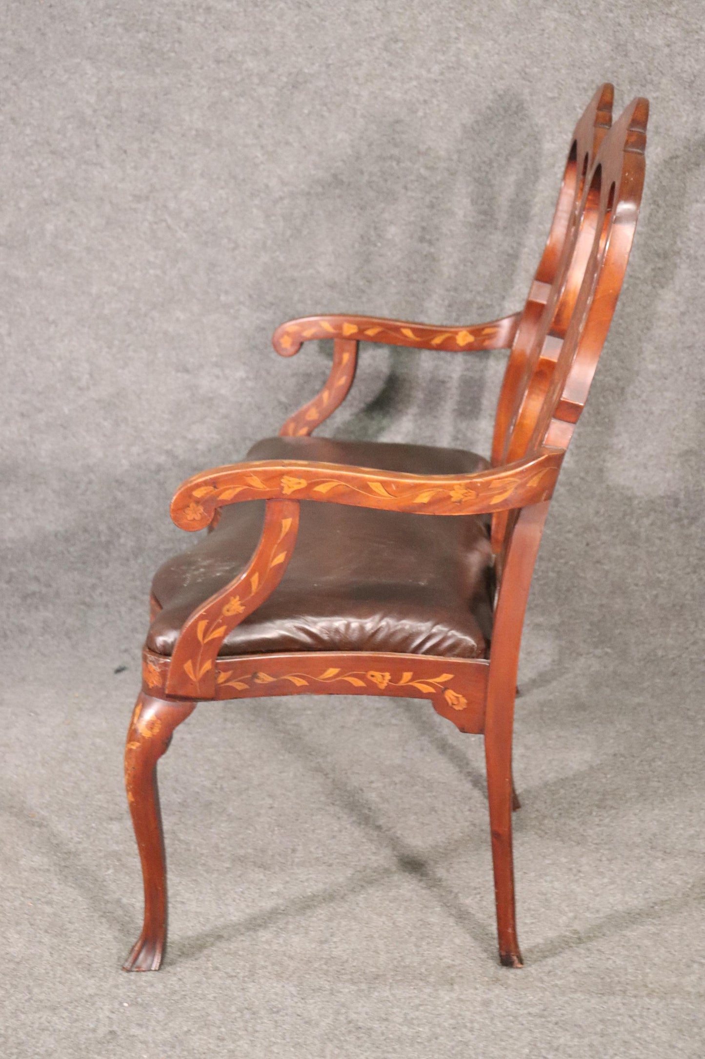 Leather Upholstered Dutch Marquetry Inlaid Window Bench Circa 1900