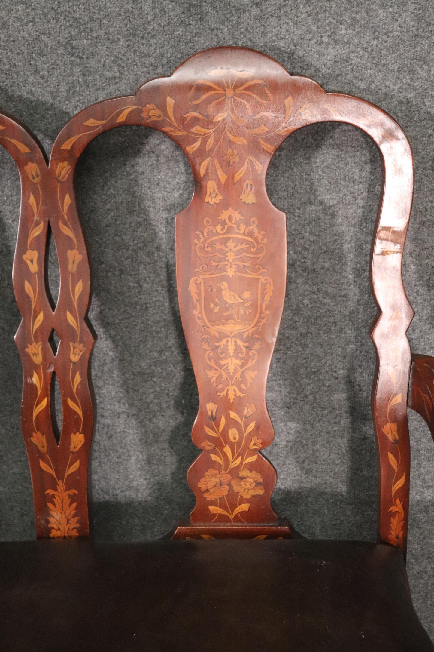 Leather Upholstered Dutch Marquetry Inlaid Window Bench Circa 1900