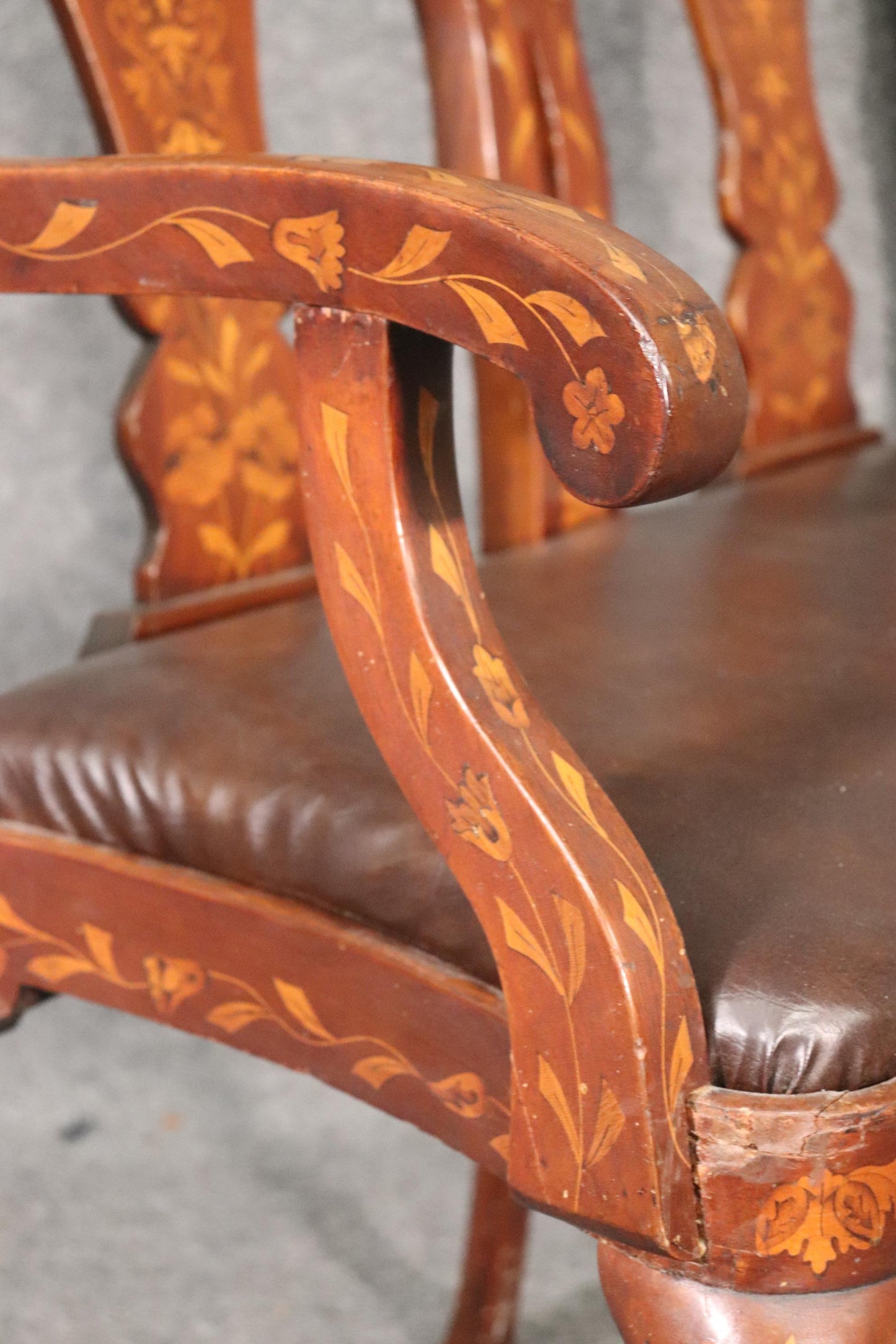 Leather Upholstered Dutch Marquetry Inlaid Window Bench Circa 1900