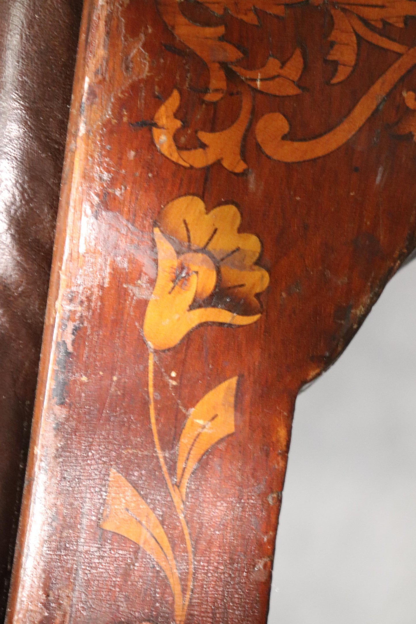 Leather Upholstered Dutch Marquetry Inlaid Window Bench Circa 1900