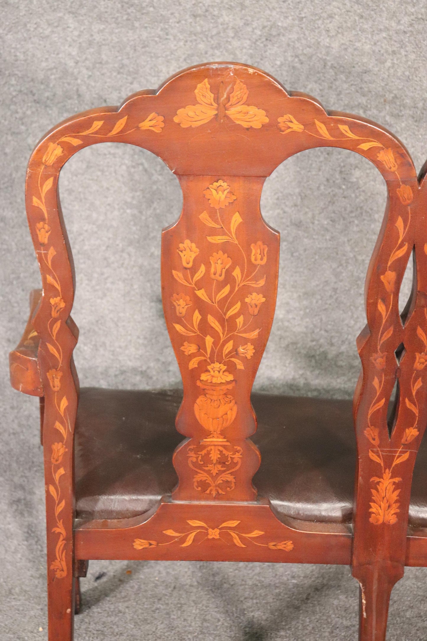 Leather Upholstered Dutch Marquetry Inlaid Window Bench Circa 1900