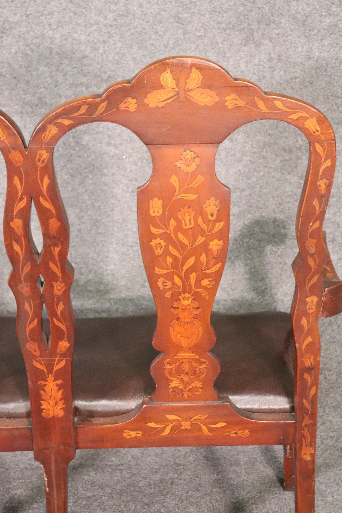 Leather Upholstered Dutch Marquetry Inlaid Window Bench Circa 1900