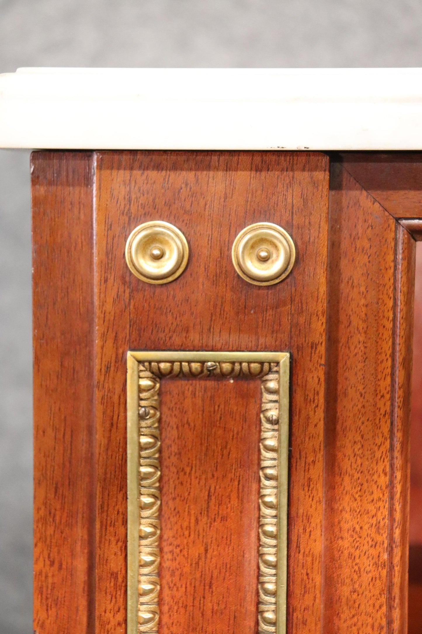 Pair of Signed Maison Jansen Marble Top Brass Trimmed Bookcases Book Shelves