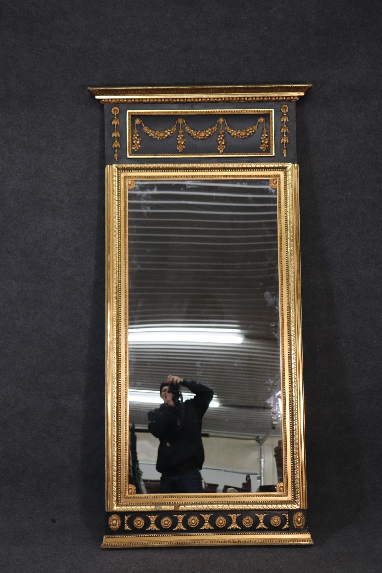 Ebonized French Empire Gilded Tall Narrow Wall Mirror, Cira 1970