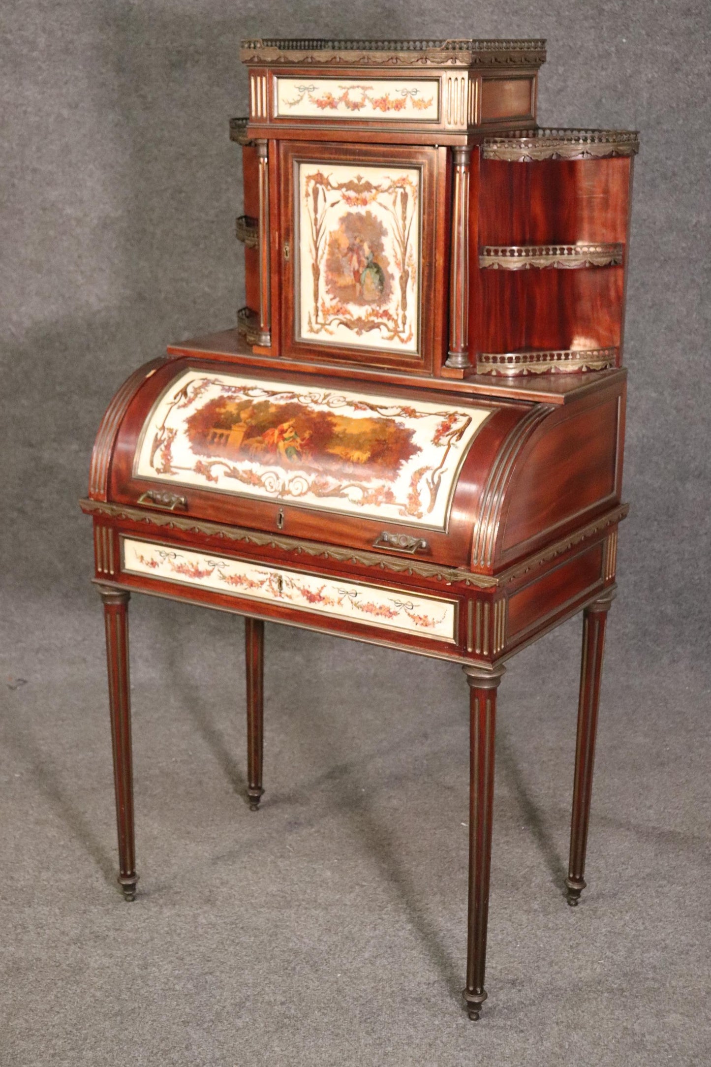 Important French Brass Inlaid Paint Decorated Rolltop Ladies Writing Desk