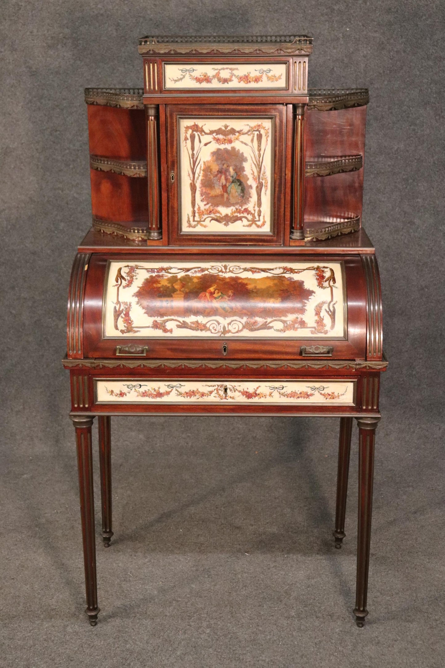 Important French Brass Inlaid Paint Decorated Rolltop Ladies Writing Desk