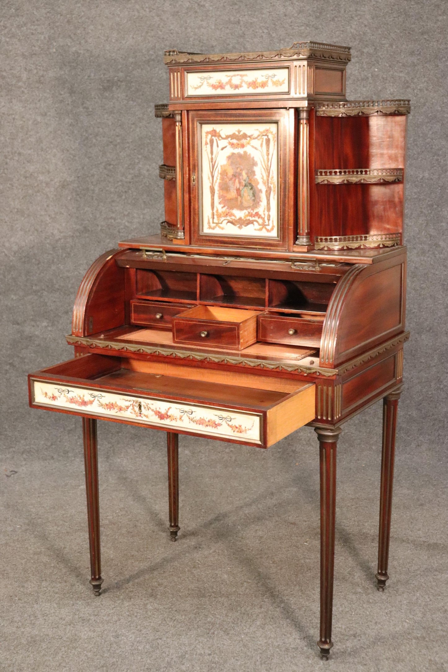 Important French Brass Inlaid Paint Decorated Rolltop Ladies Writing Desk