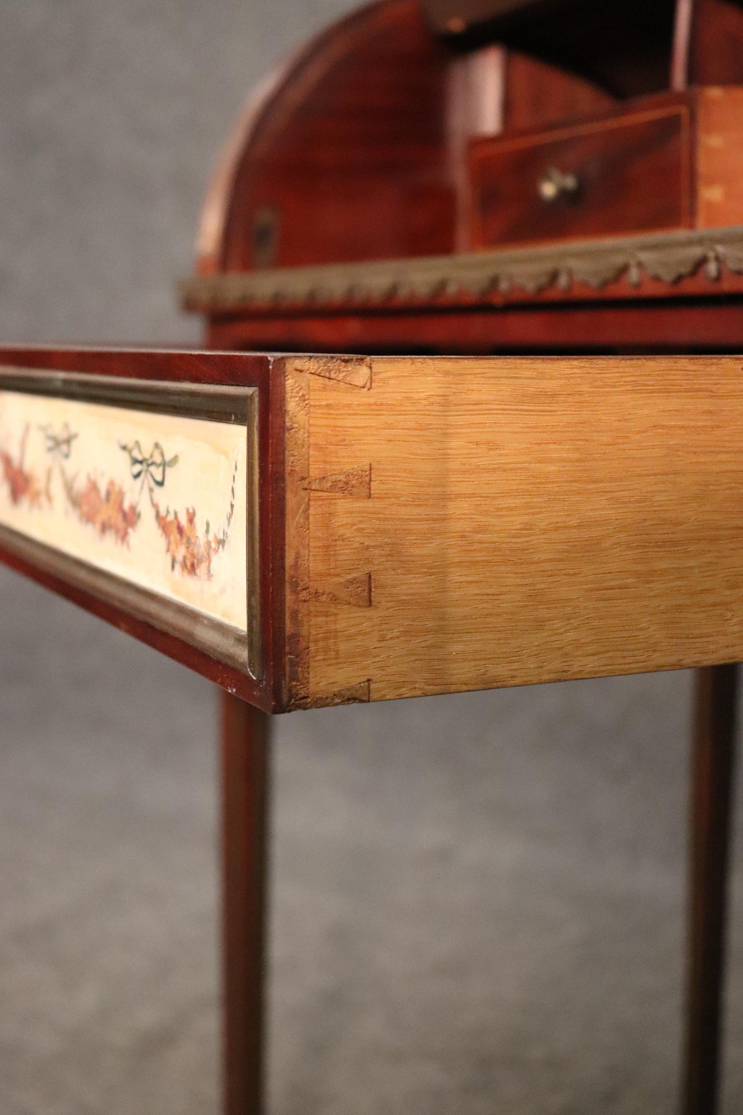 Important French Brass Inlaid Paint Decorated Rolltop Ladies Writing Desk