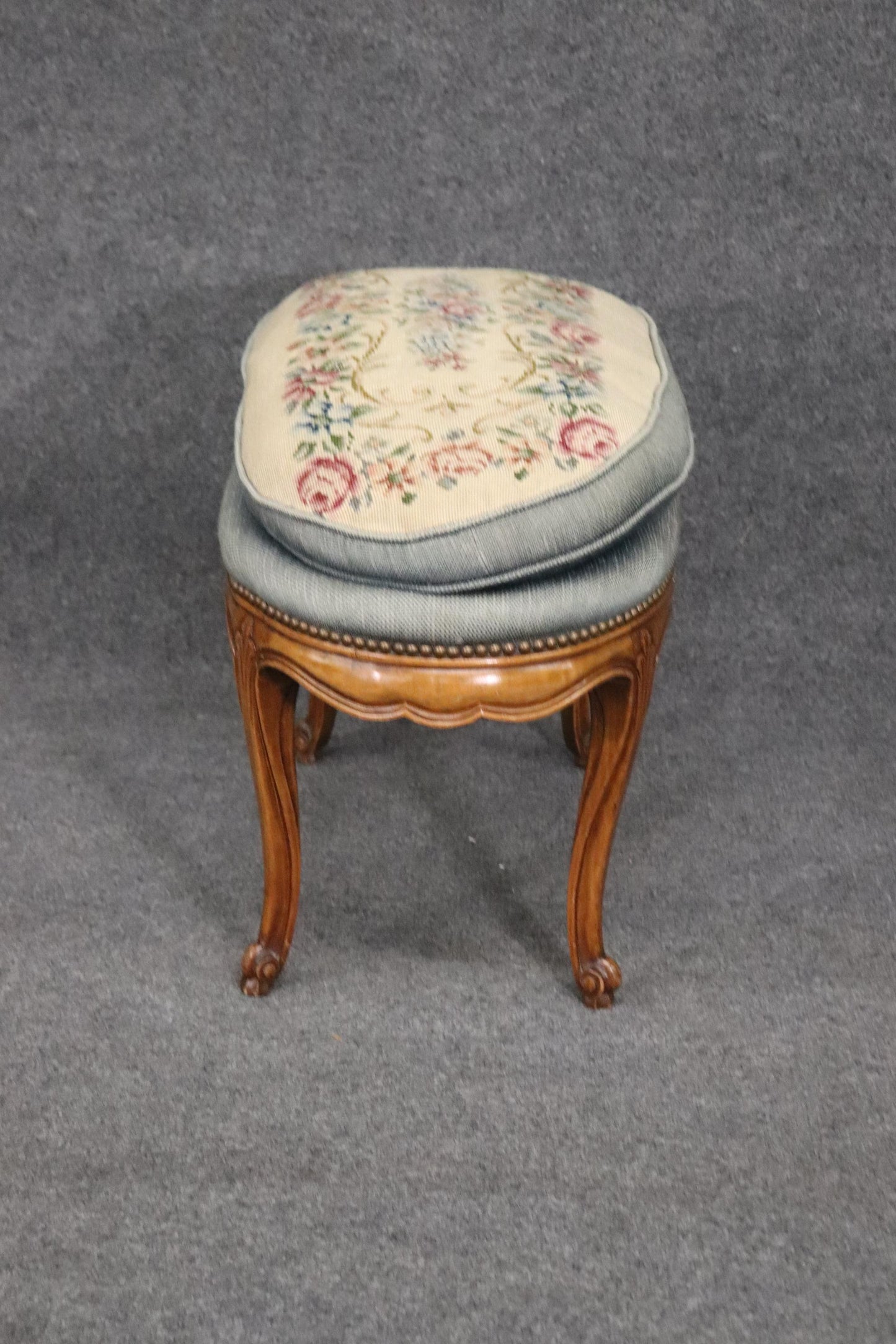 Carved Walnut French Louis XV Oval Foot Stool Circa 1930