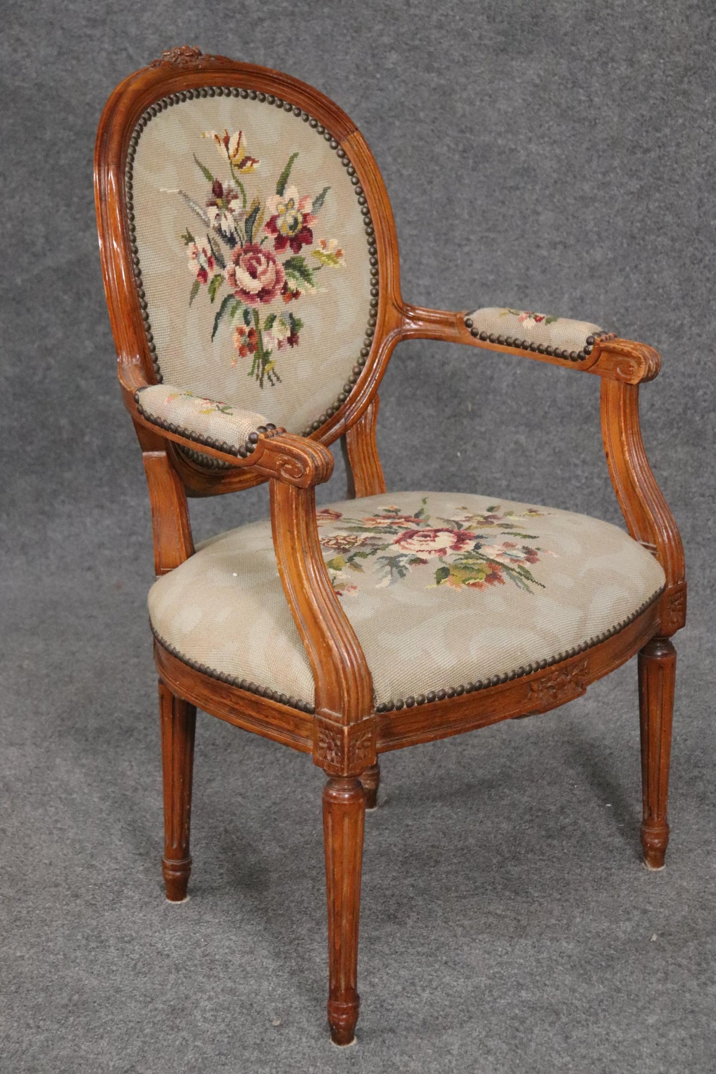 Fine French Louis XVI Carved Walnut Needlepoint Armchair Circa 1940