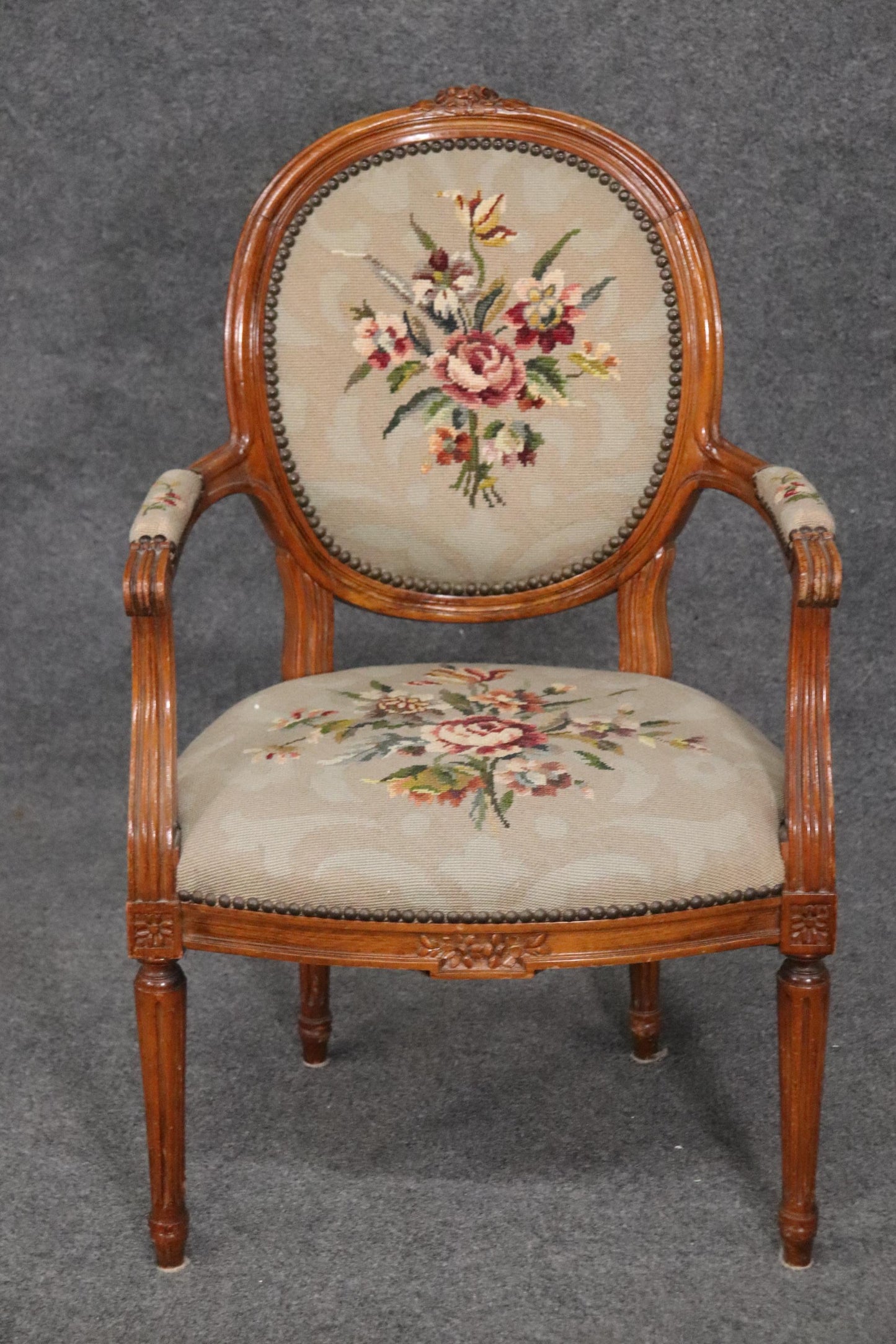 Fine French Louis XVI Carved Walnut Needlepoint Armchair Circa 1940