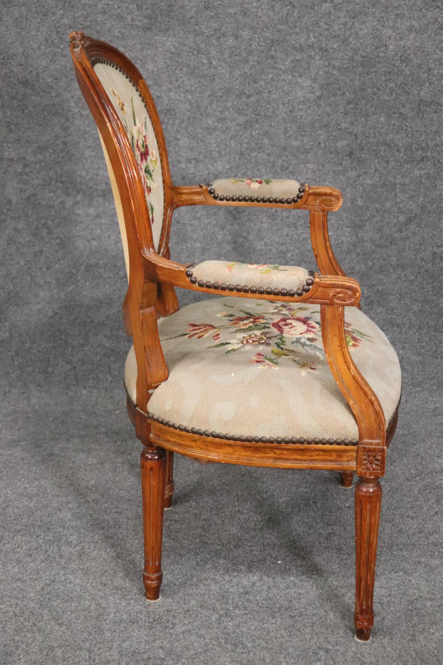 Fine French Louis XVI Carved Walnut Needlepoint Armchair Circa 1940