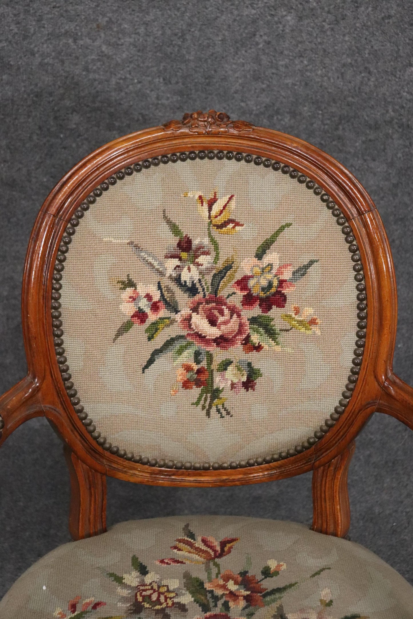 Fine French Louis XVI Carved Walnut Needlepoint Armchair Circa 1940