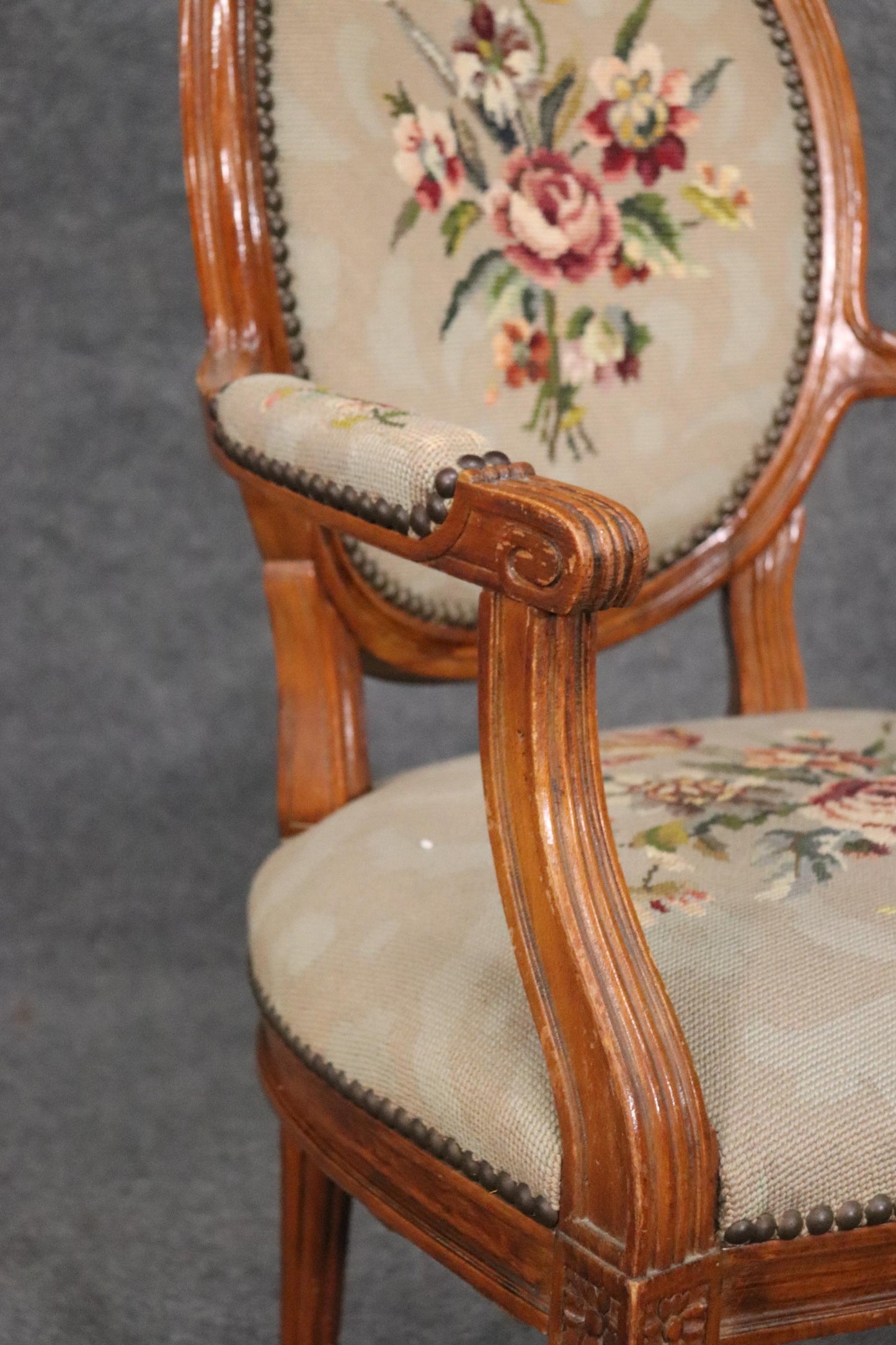 Fine French Louis XVI Carved Walnut Needlepoint Armchair Circa 1940