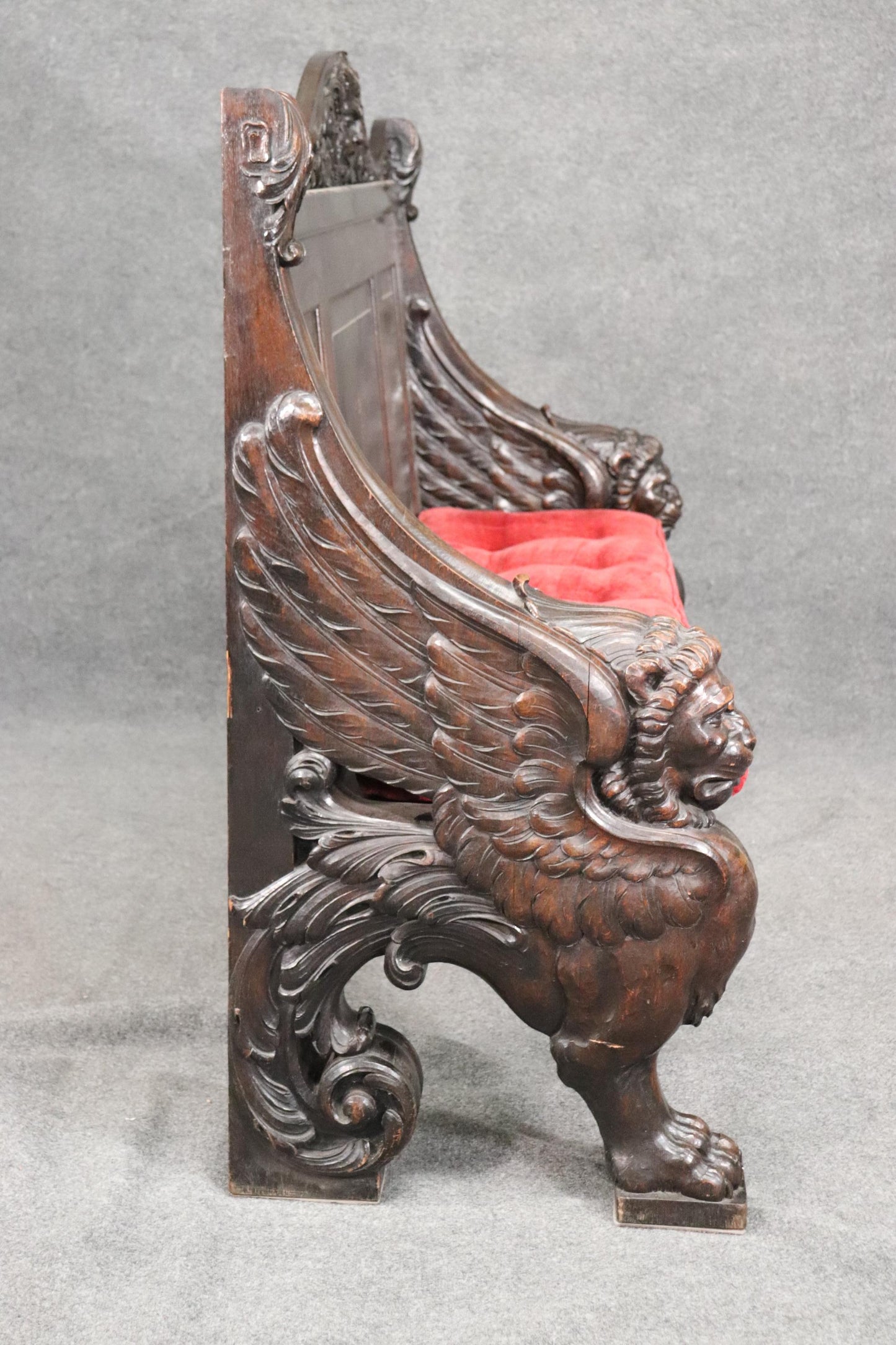 Monumental Carved Walnut Victorian Walnut Griffin Bench with Paw Feet circa 1890