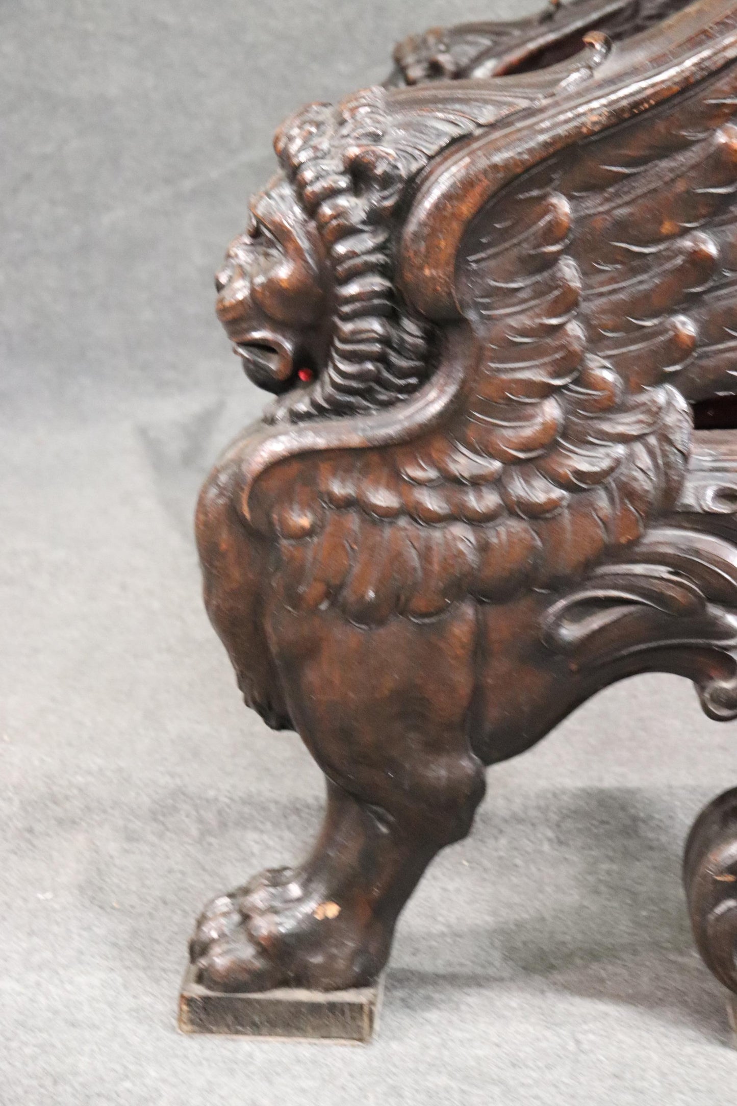 Monumental Carved Walnut Victorian Walnut Griffin Bench with Paw Feet circa 1890