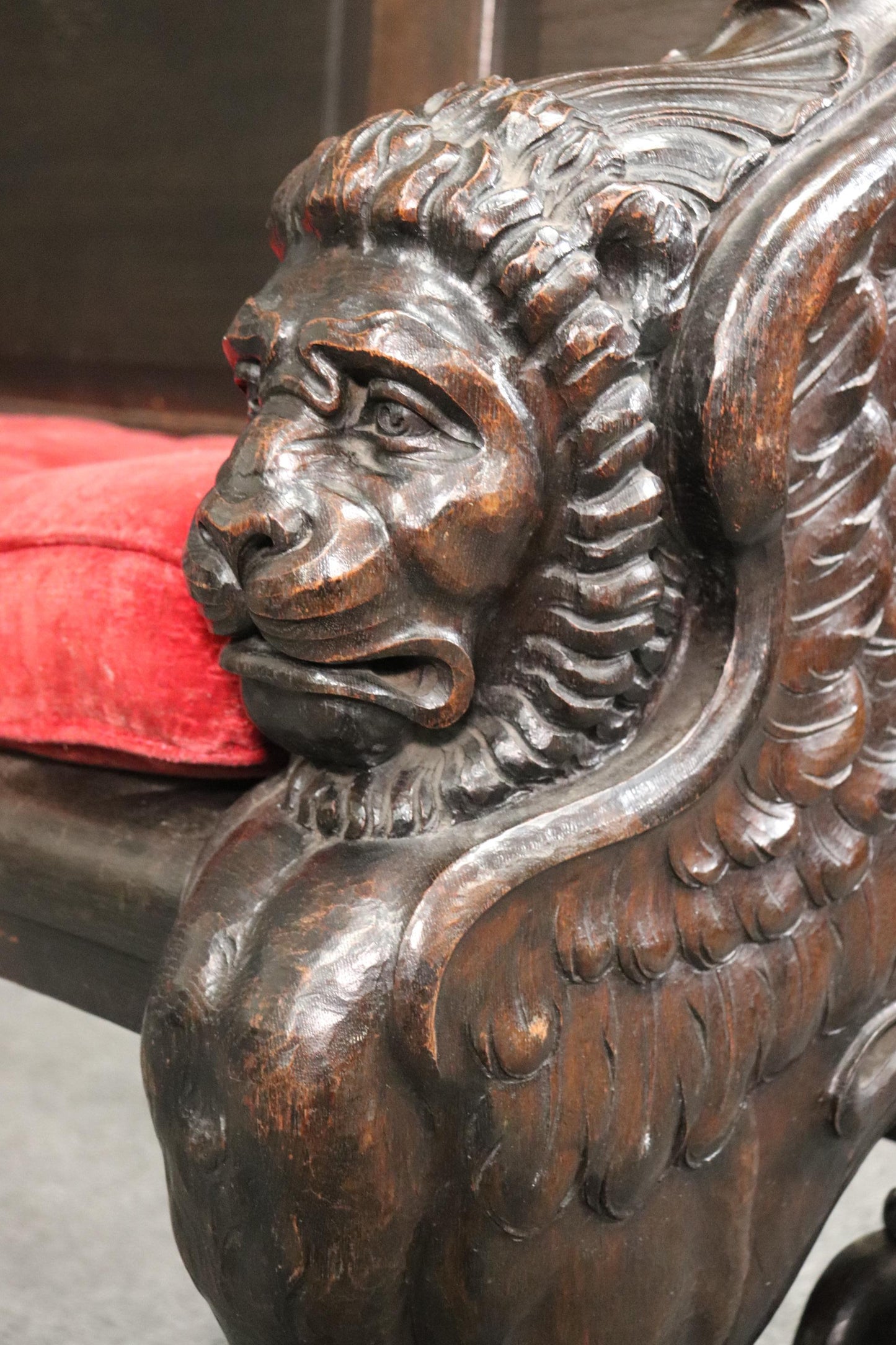 Monumental Carved Walnut Victorian Walnut Griffin Bench with Paw Feet circa 1890