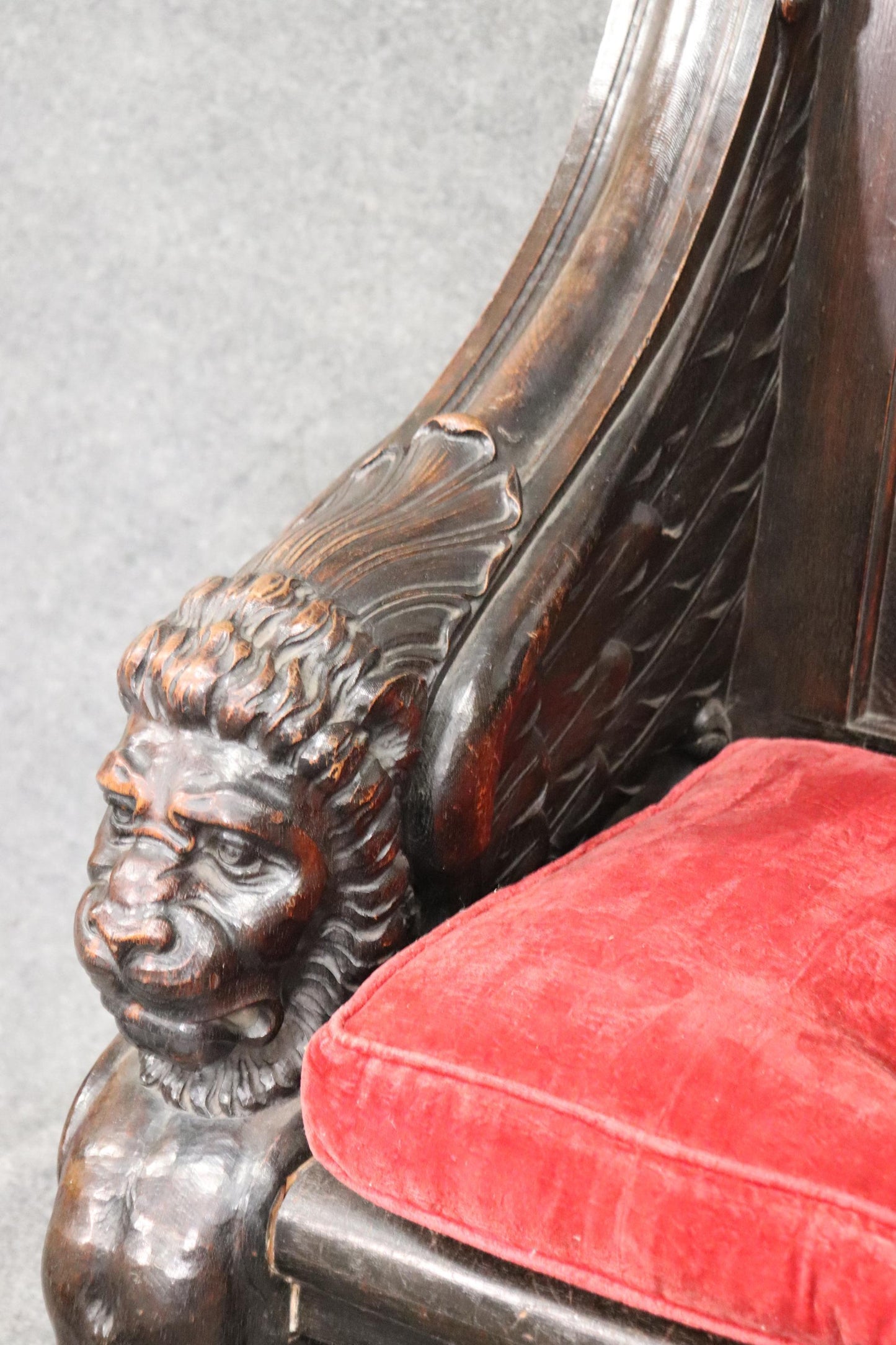 Monumental Carved Walnut Victorian Walnut Griffin Bench with Paw Feet circa 1890