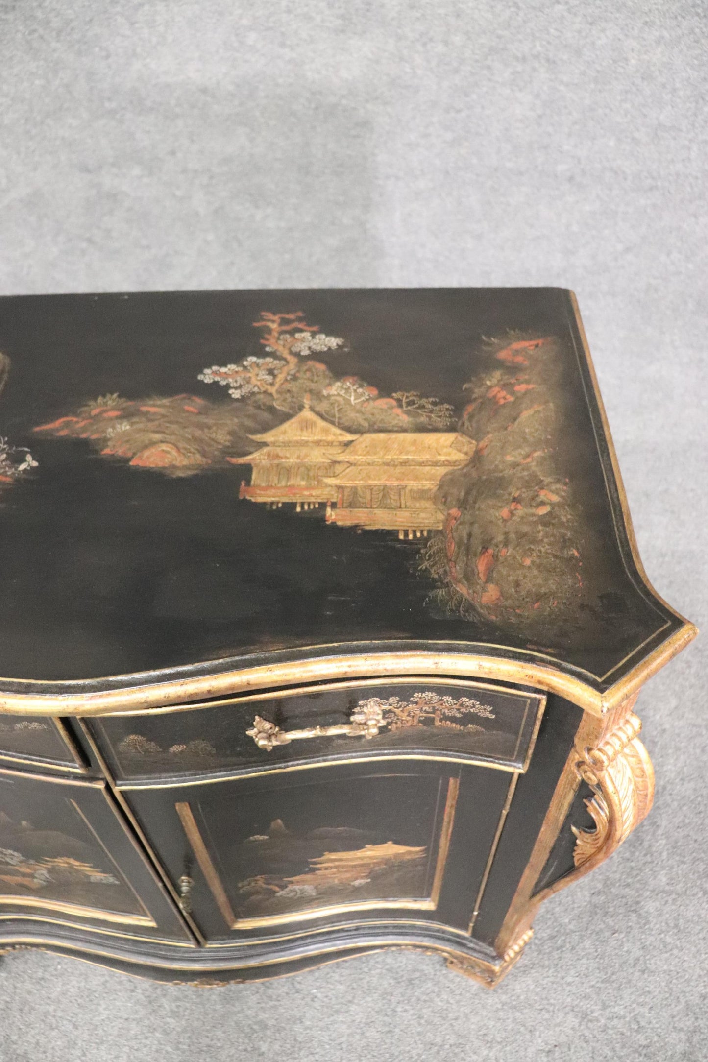 Gilded Black Chinoiserie Georgian Style Antique Two Door Cabinet Commode Server