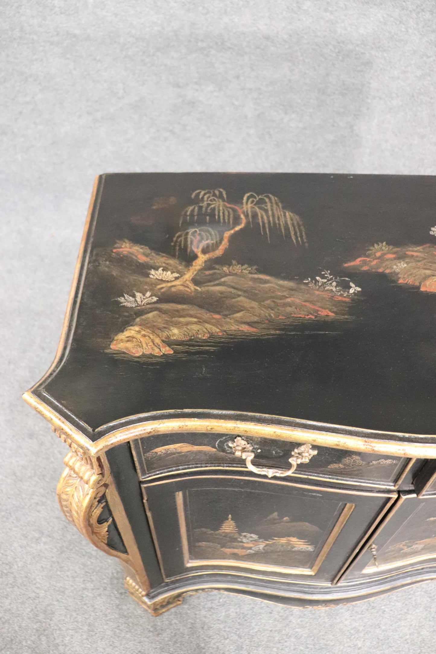 Gilded Black Chinoiserie Georgian Style Antique Two Door Cabinet Commode Server