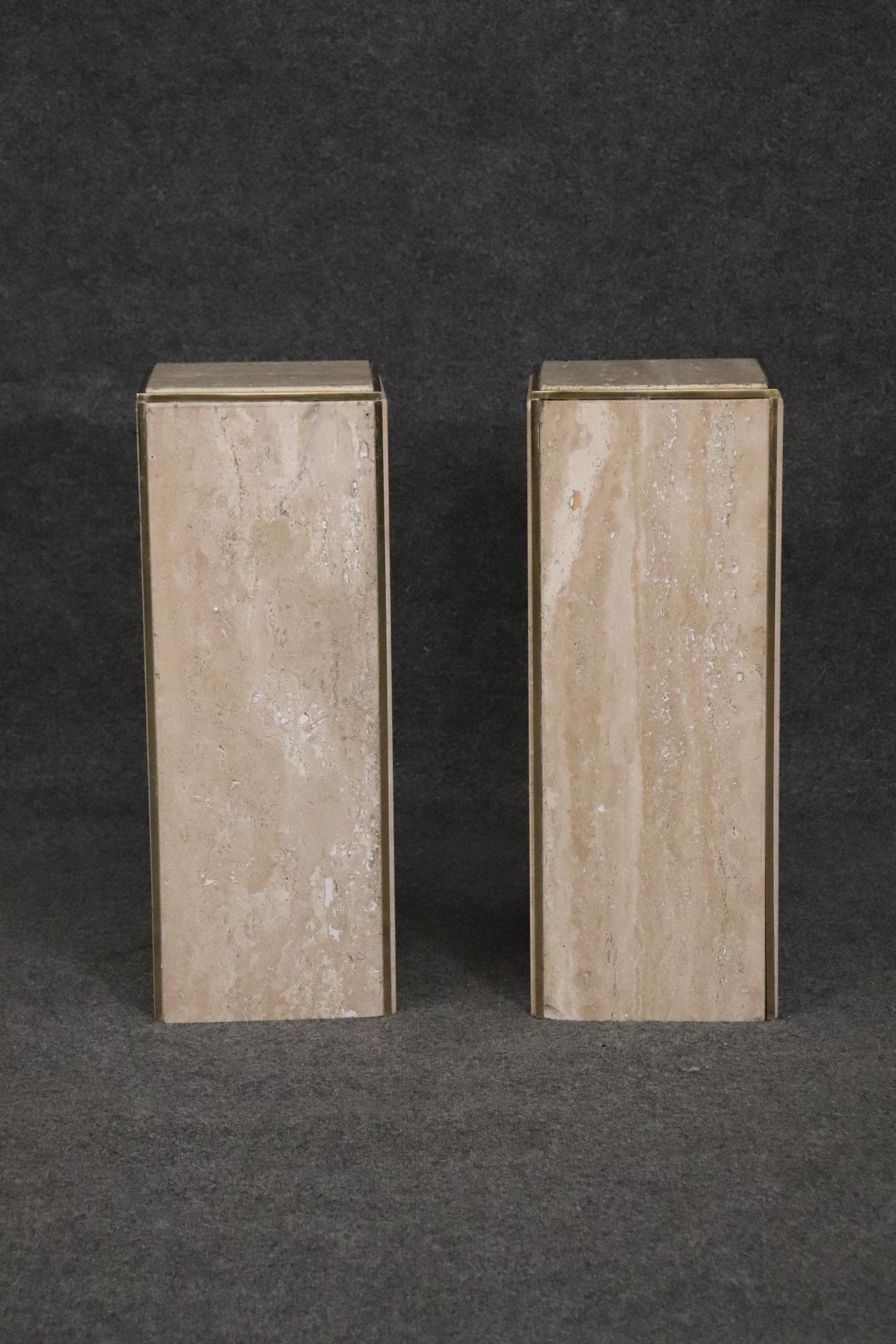 Modern Pair Travertine Marble Solid Brass Karl Springer Attributed Pedestals