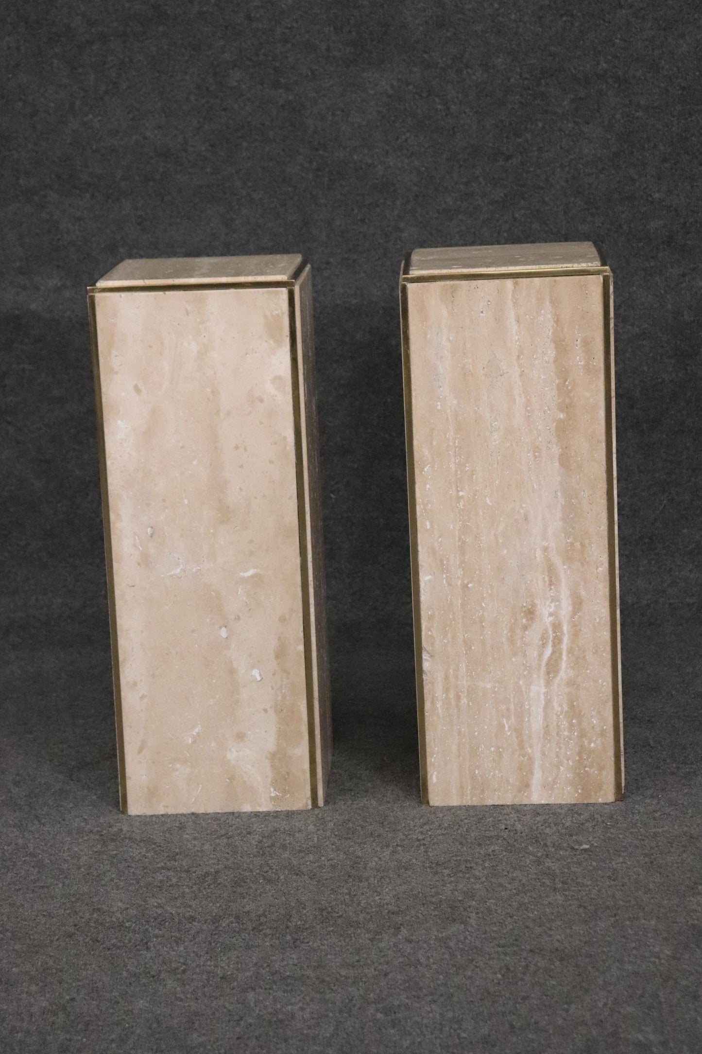 Modern Pair Travertine Marble Solid Brass Karl Springer Attributed Pedestals