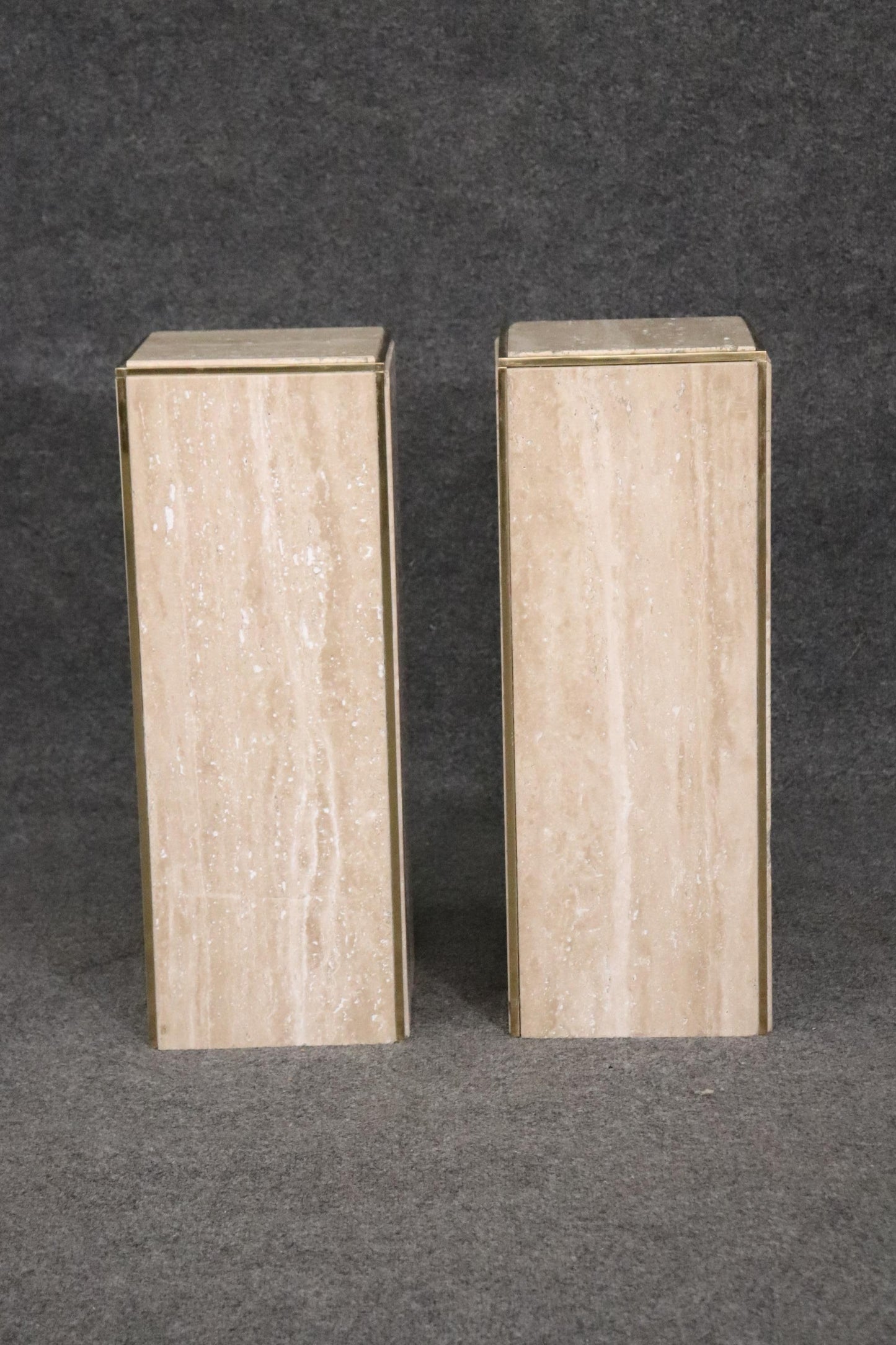 Modern Pair Travertine Marble Solid Brass Karl Springer Attributed Pedestals