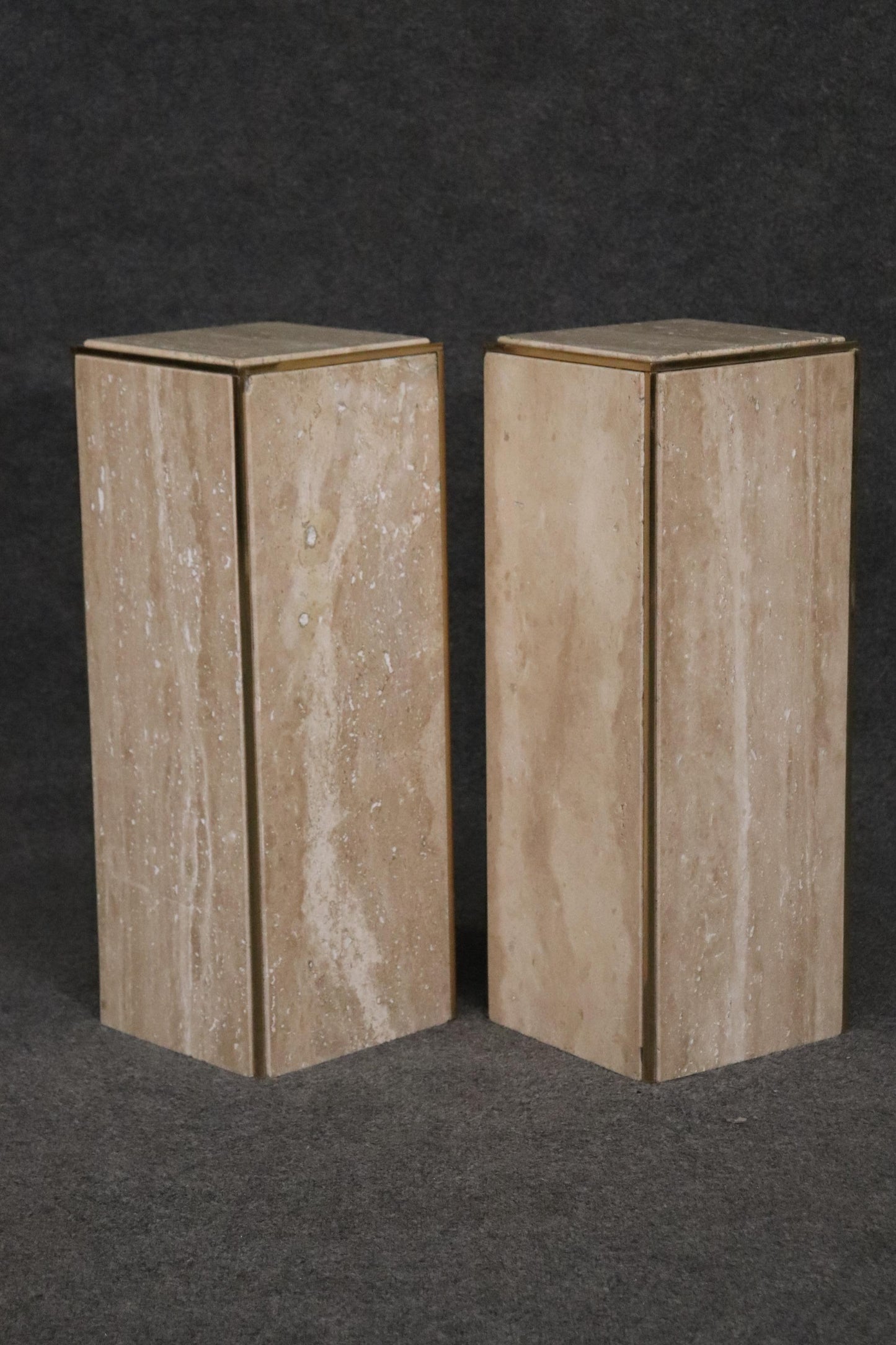 Modern Pair Travertine Marble Solid Brass Karl Springer Attributed Pedestals