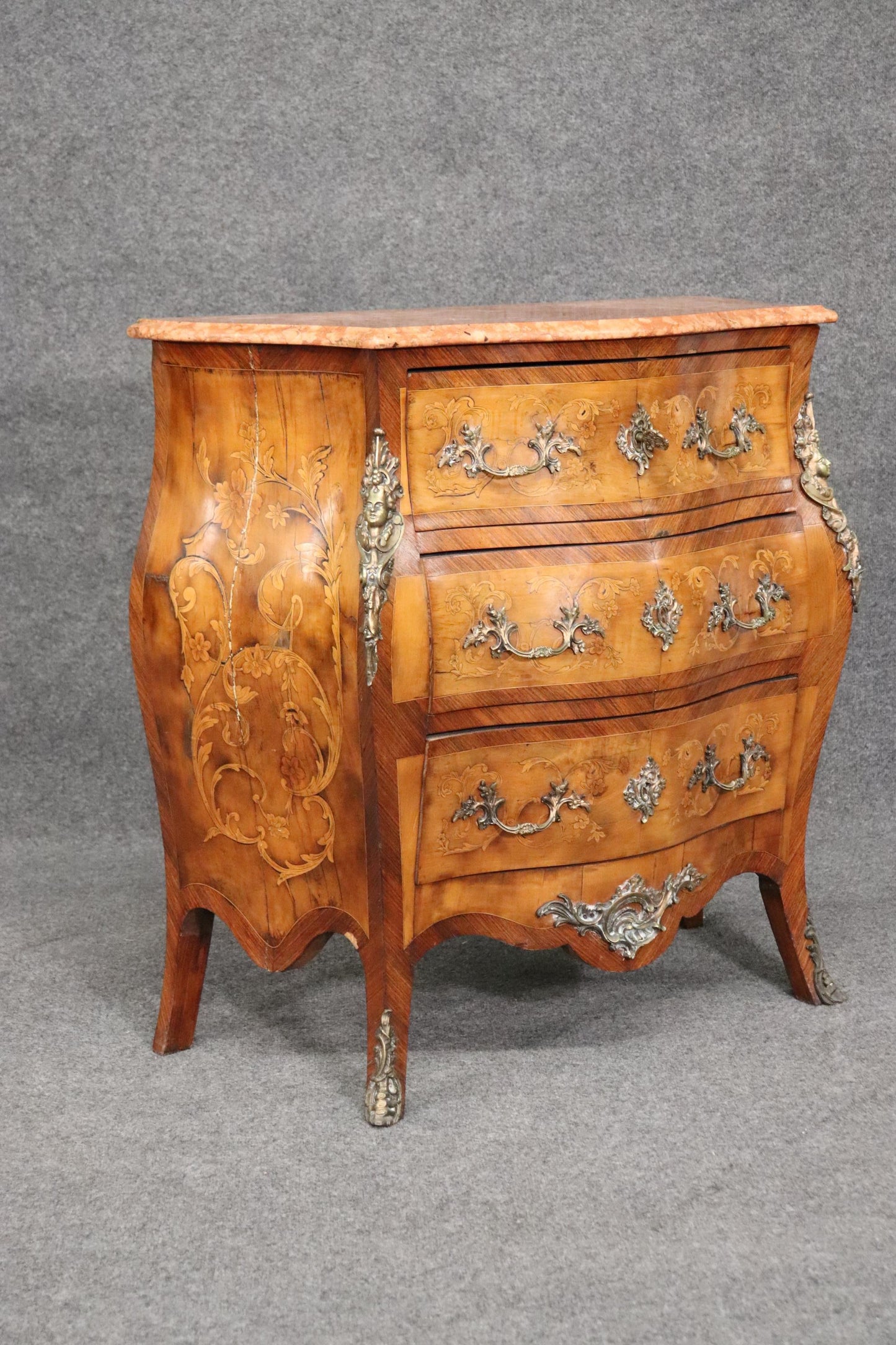 Inlaid Figural Bronze Mounted Burled Walnut French Louis XV Marble Top Commode