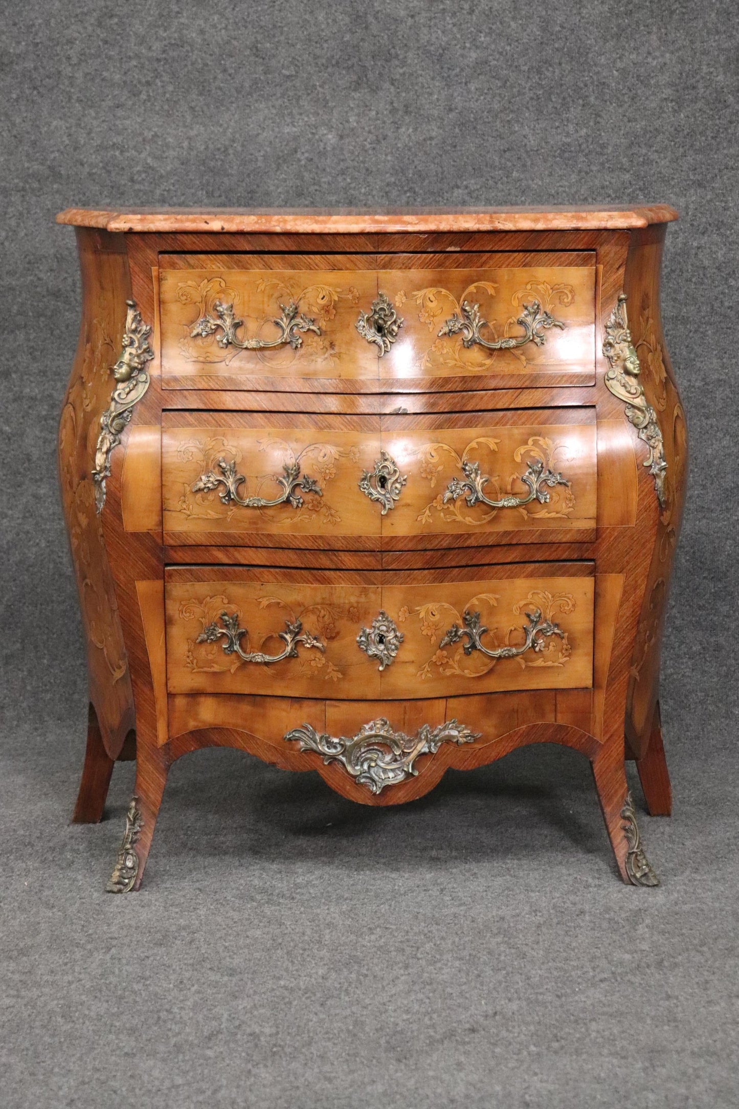 Inlaid Figural Bronze Mounted Burled Walnut French Louis XV Marble Top Commode