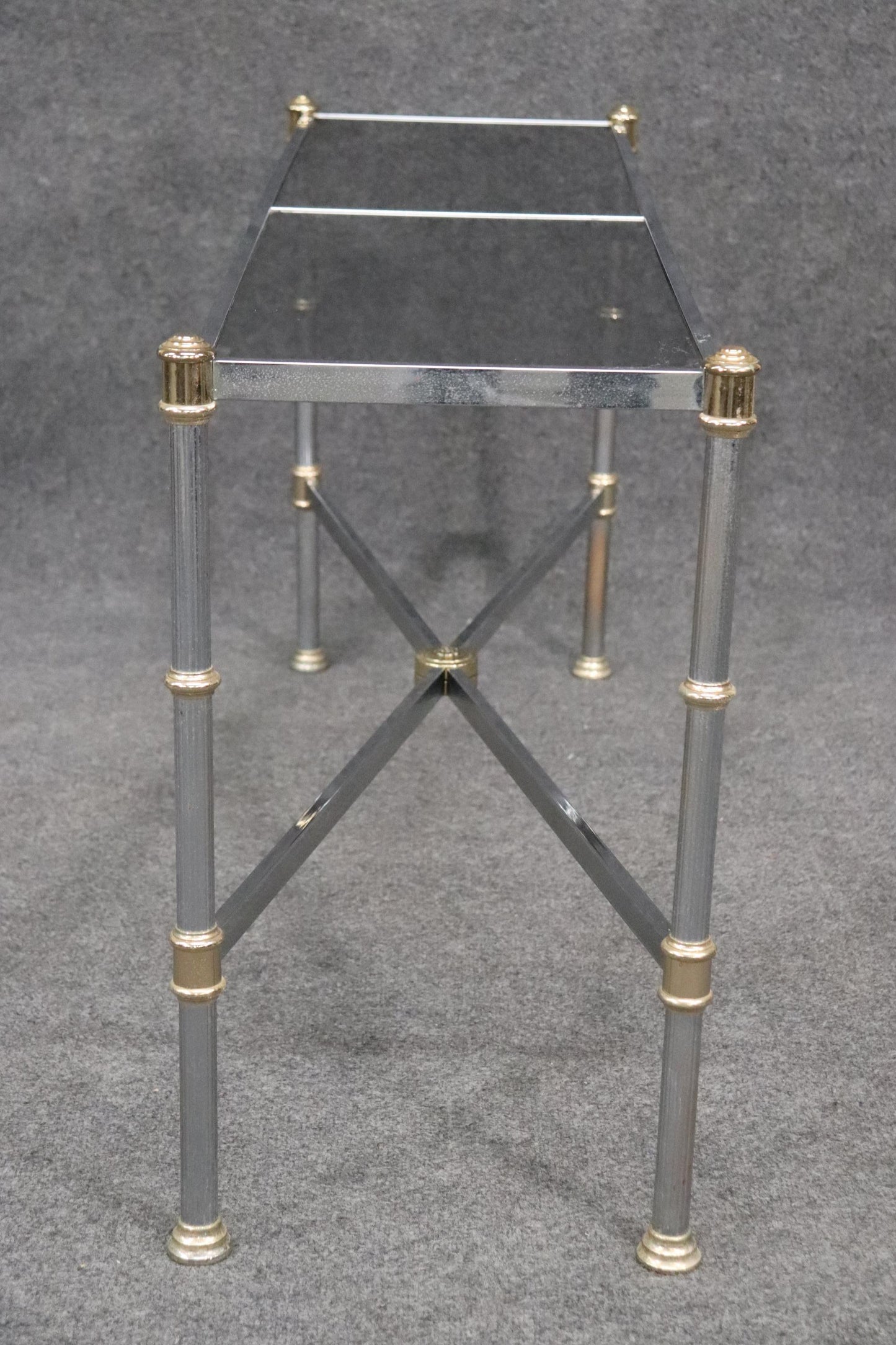 Maison Jansen Style Directoire Chromed Steel Console Table with Smoked Glass