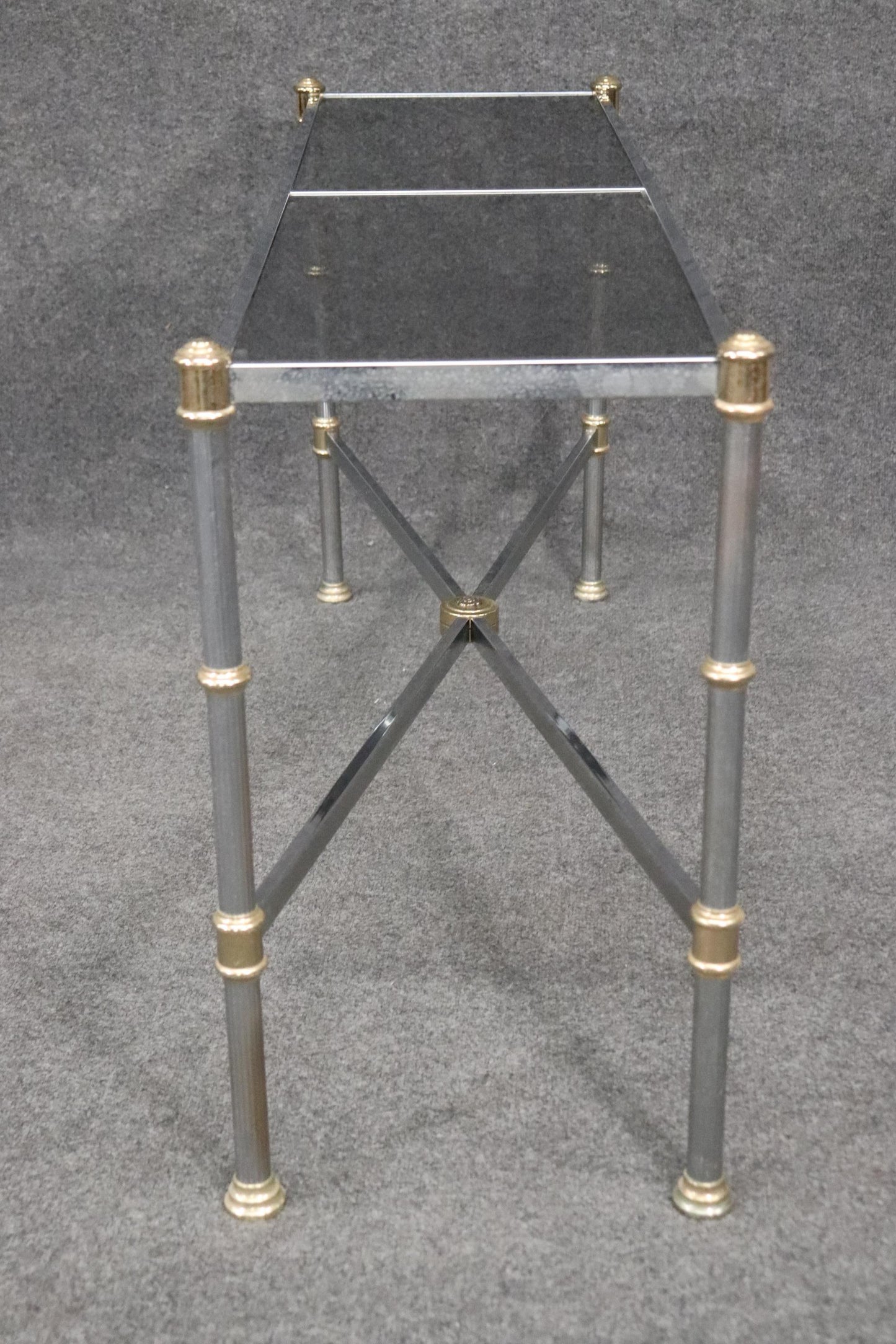 Maison Jansen Style Directoire Chromed Steel Console Table with Smoked Glass