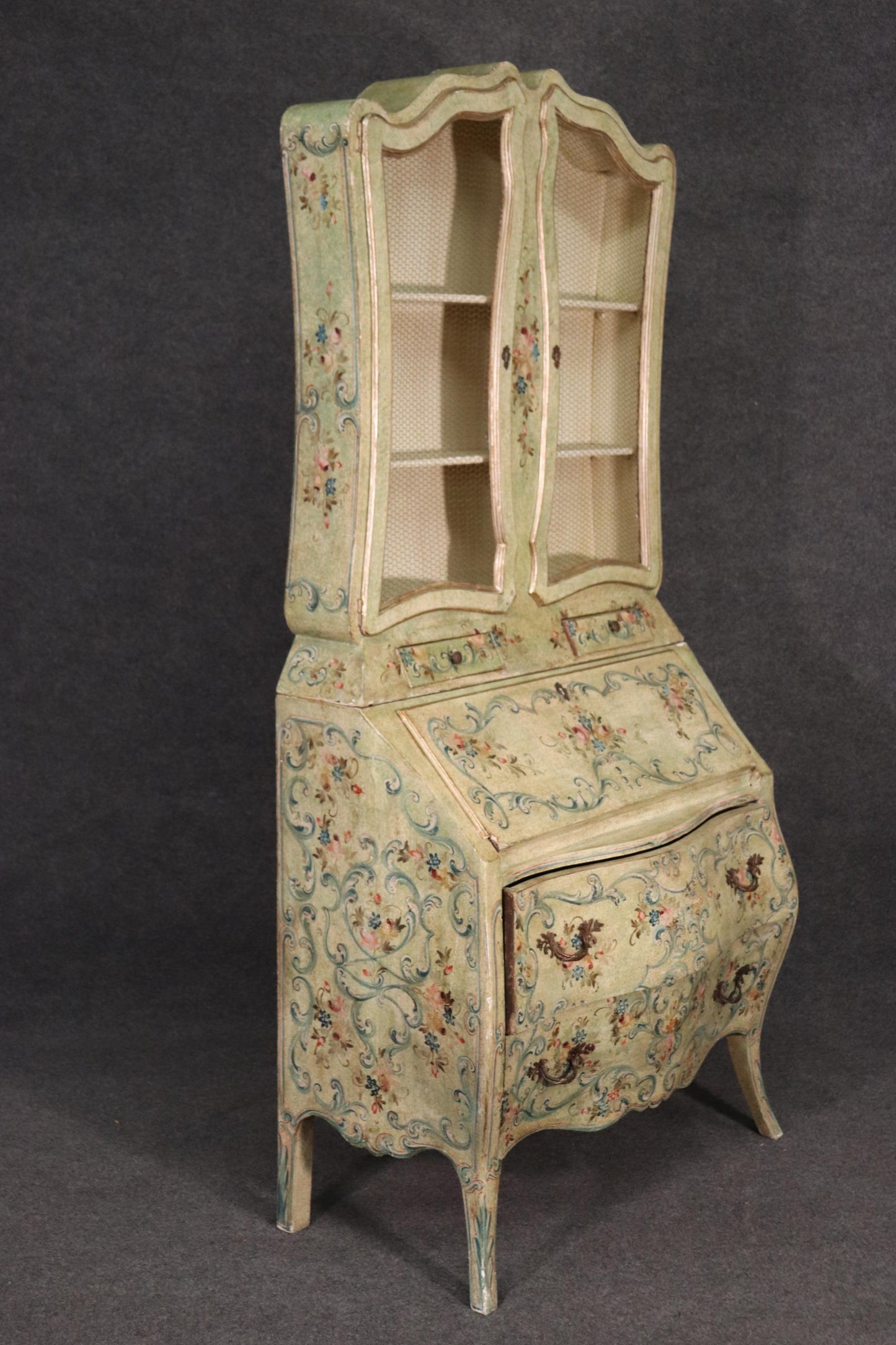 Unique Venetian Italian Paint Decorated Secretary Desk with Bookcase Circa 1890s