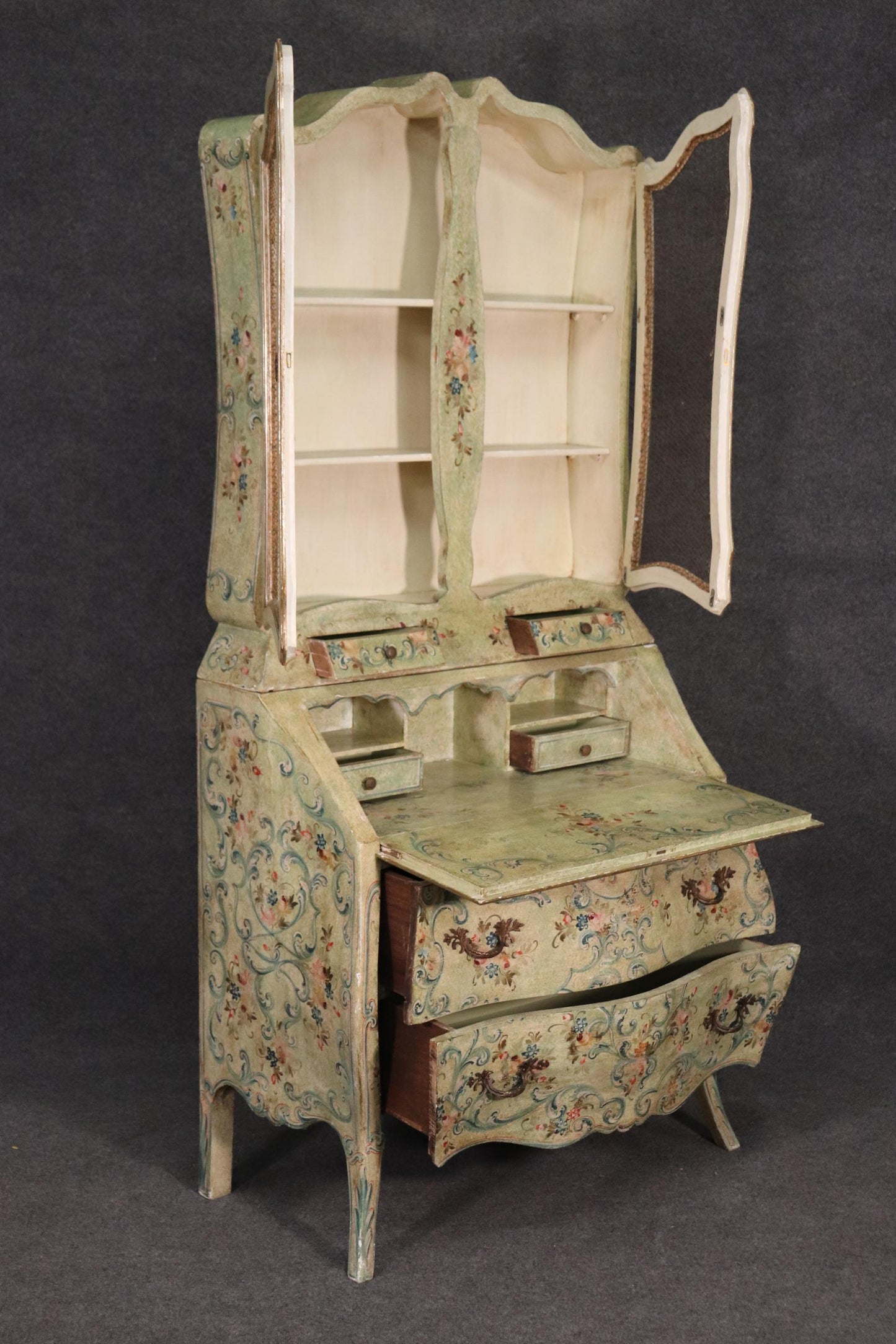 Unique Venetian Italian Paint Decorated Secretary Desk with Bookcase Circa 1890s