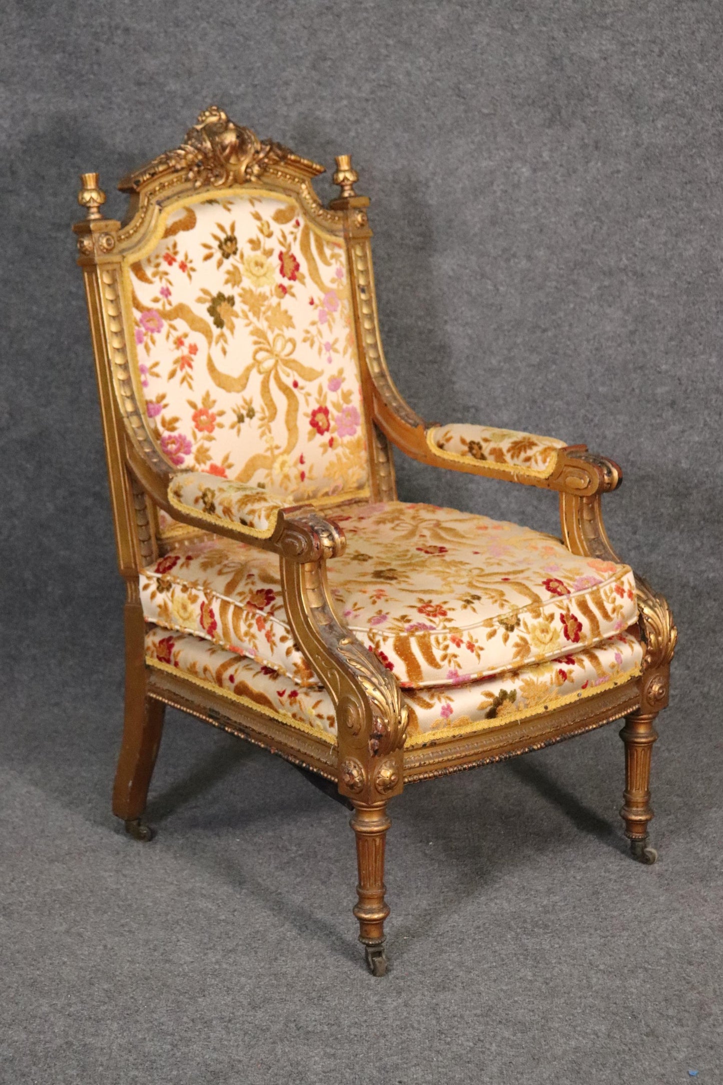 Luminous Gilded French Louis XVI Regal Looking Armchair Fauteuil