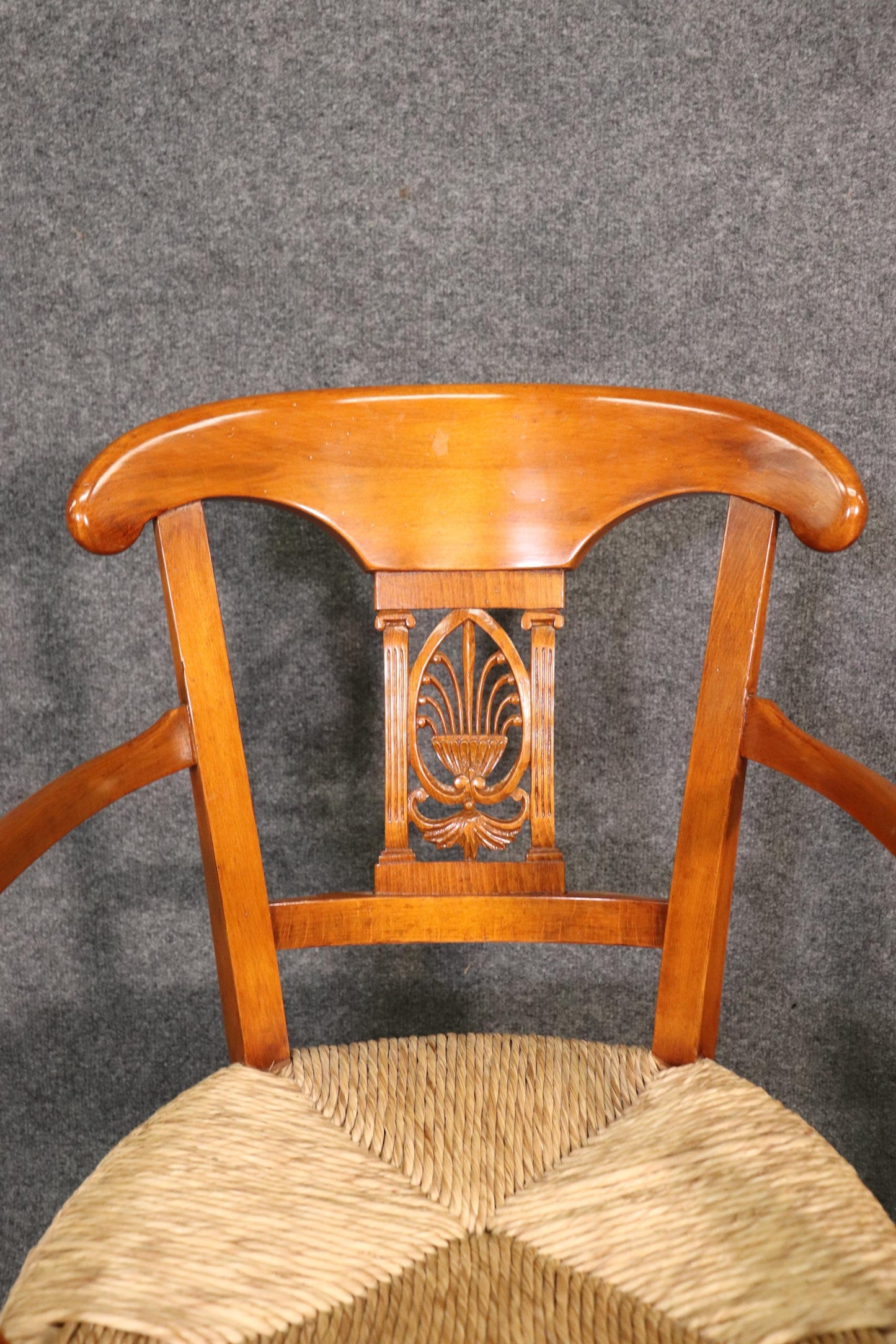 Fine Pair Solid Walnut French Directoire Rush Seated Armchairs